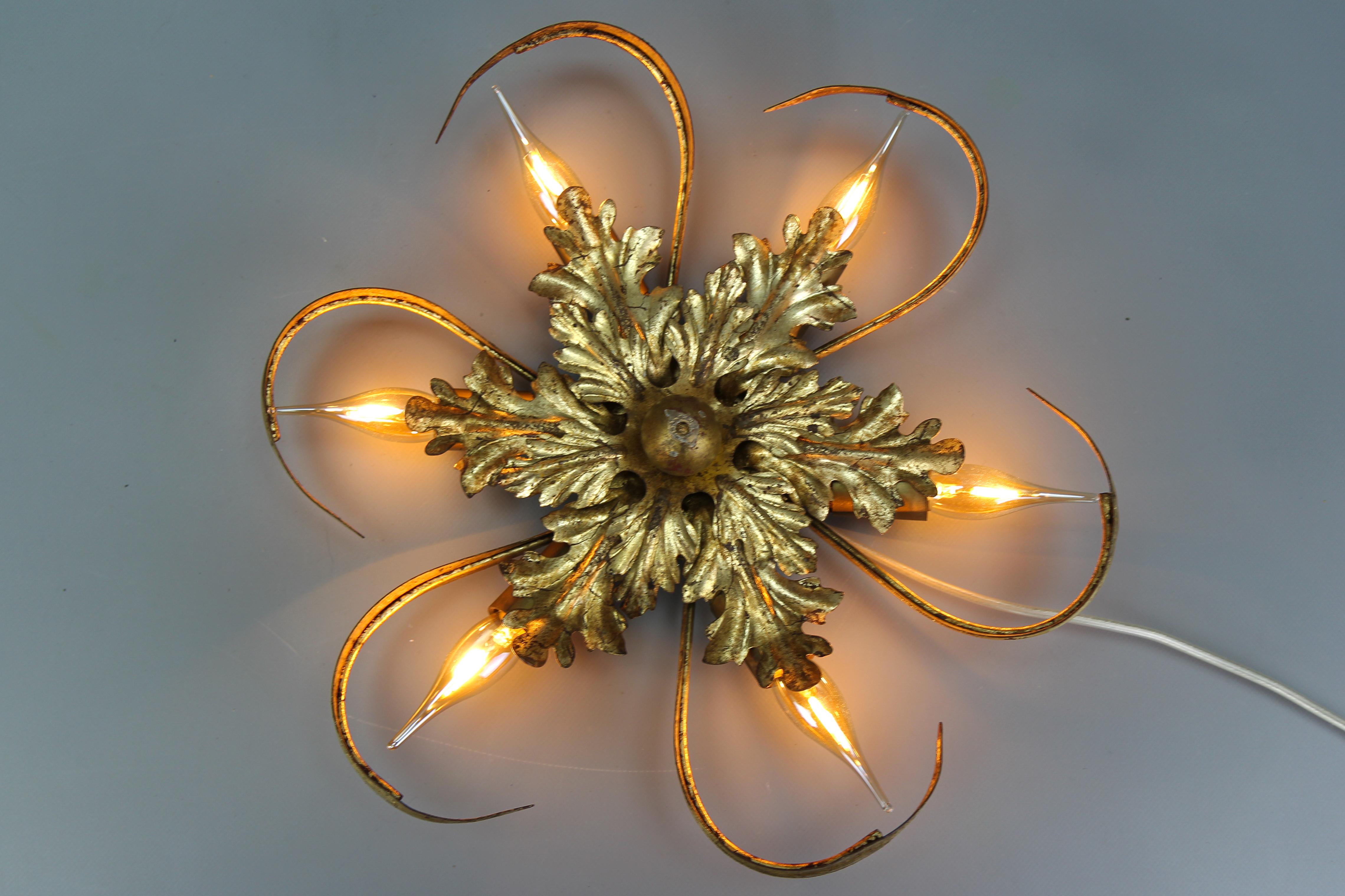 Italian Hollywood Regency Style Gilt Metal Six-Light Oak Leaf Flush Mount or Wall Light For Sale