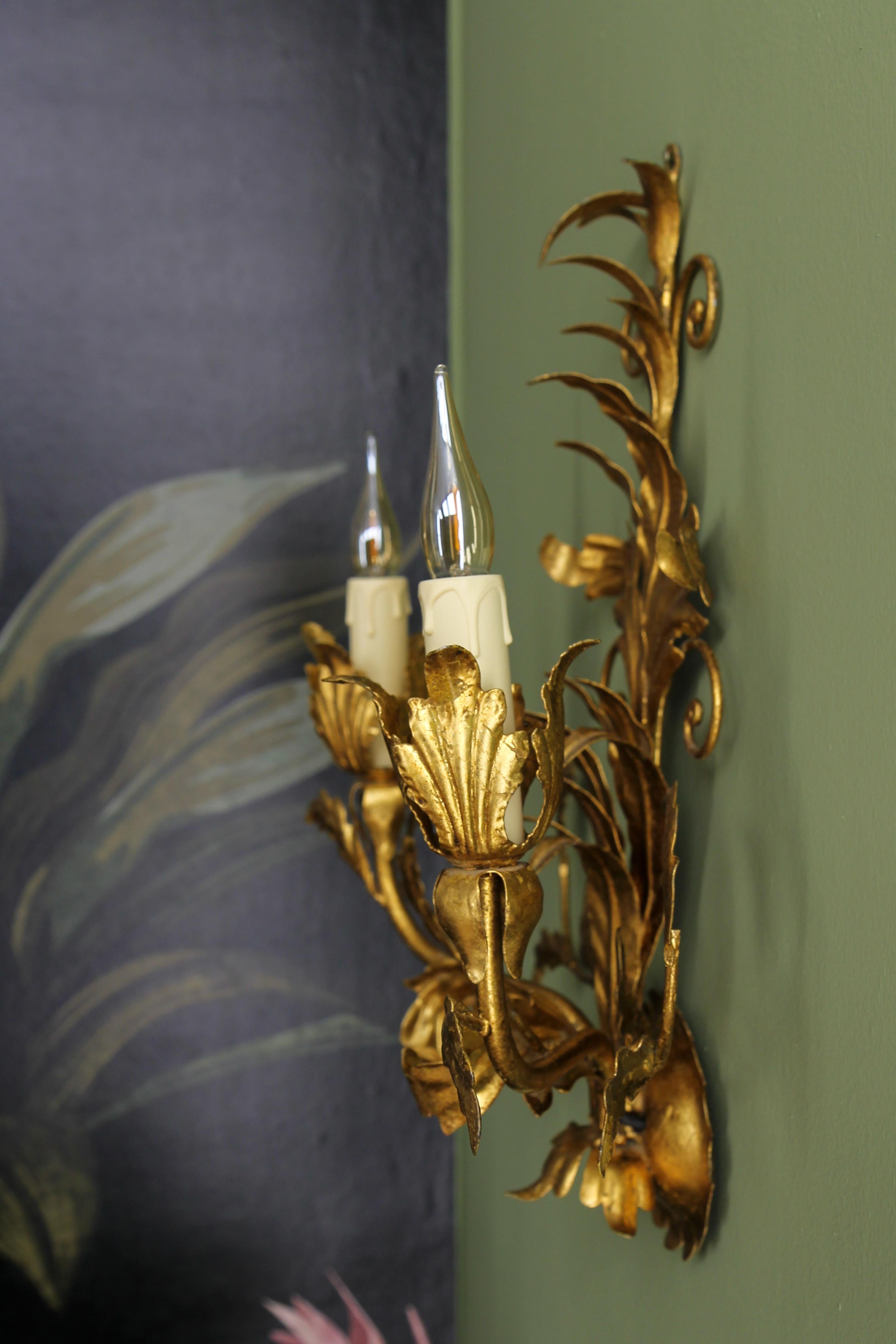 Hollywood Regency Style Gilt Metal Two-Light Sconce, ca. 1970s For Sale 6