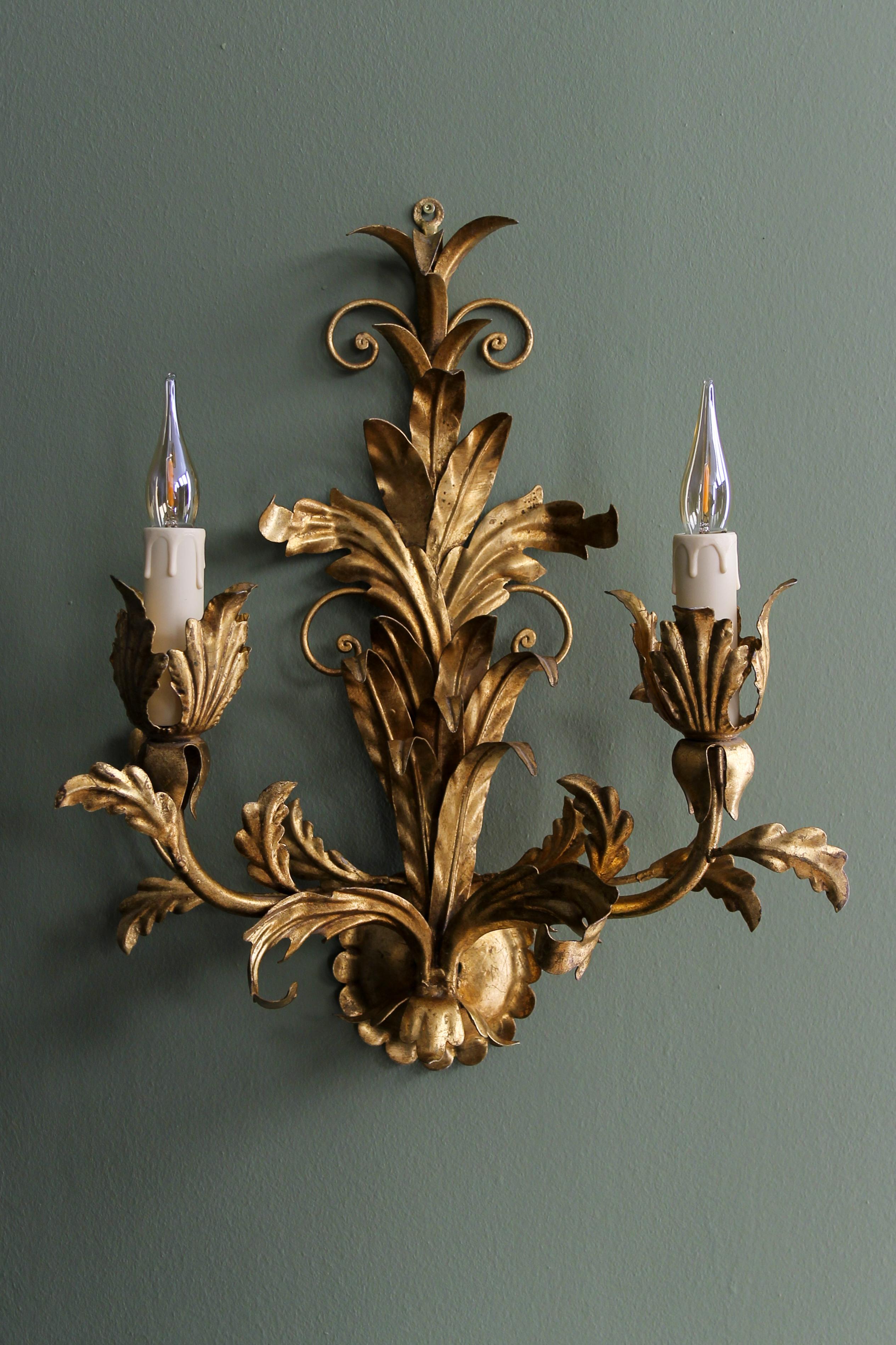 German Hollywood Regency Style Gilt Metal Two-Light Sconce, ca. 1970s For Sale