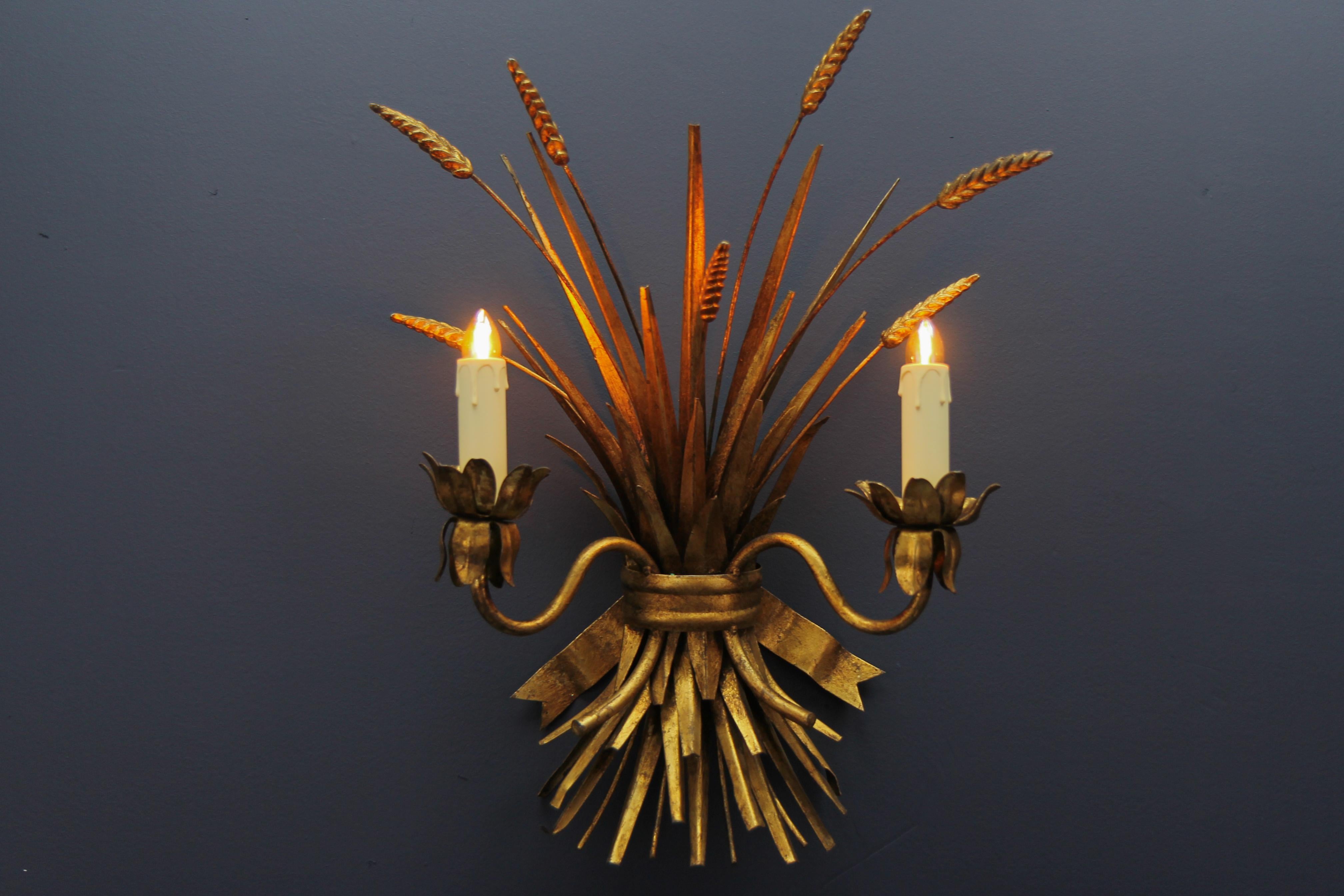 Wandleuchter aus vergoldetem Metall mit Weizengarbe im Hollywood-Regency-Stil, 1960er Jahre im Angebot 8