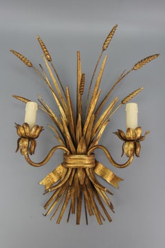 Hollywood Regency Style Gilt Metal Wheat Sheaf Wall Sconce, 1960s