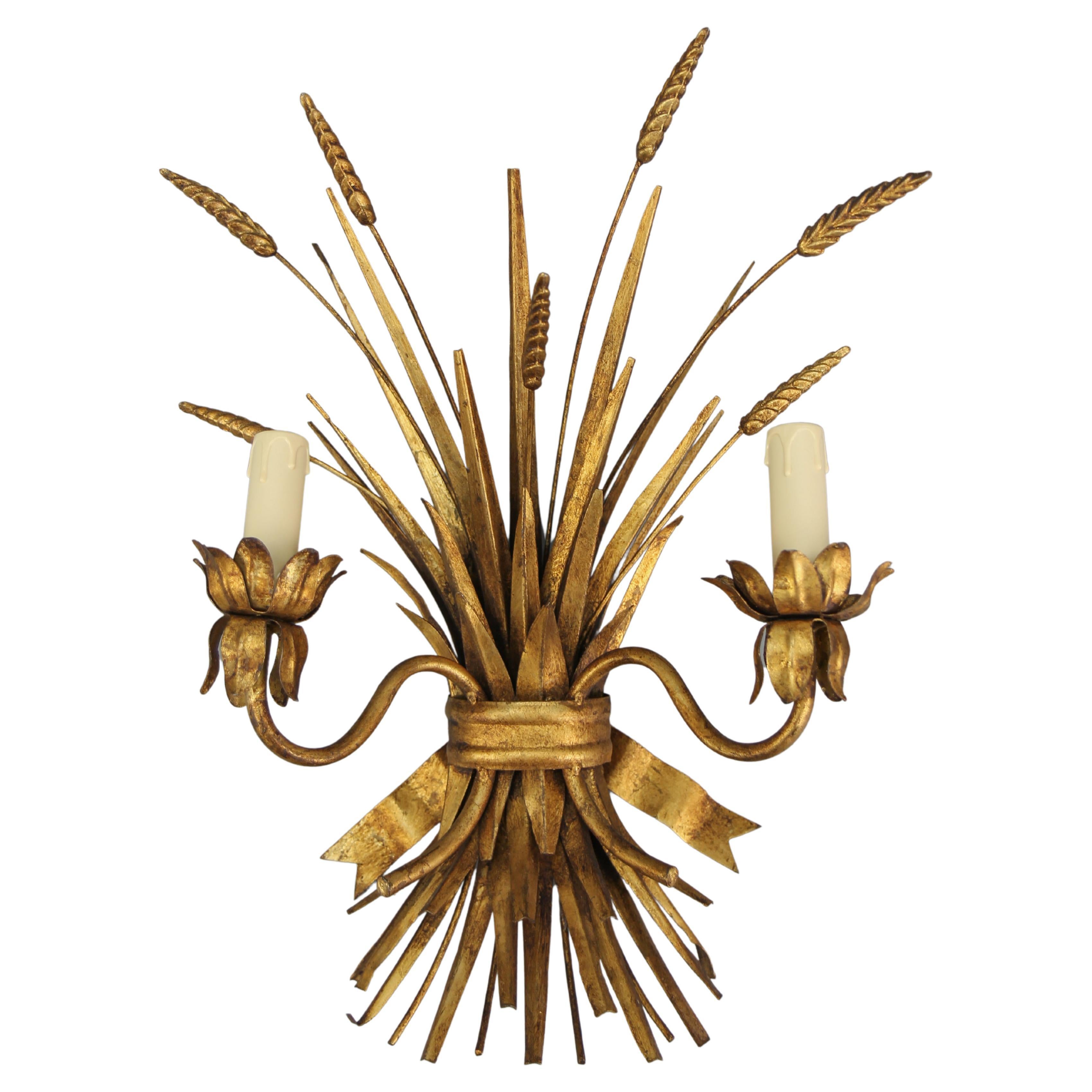 Hollywood Regency Style Gilt Metal Wheat Sheaf Wall Sconce, 1960s