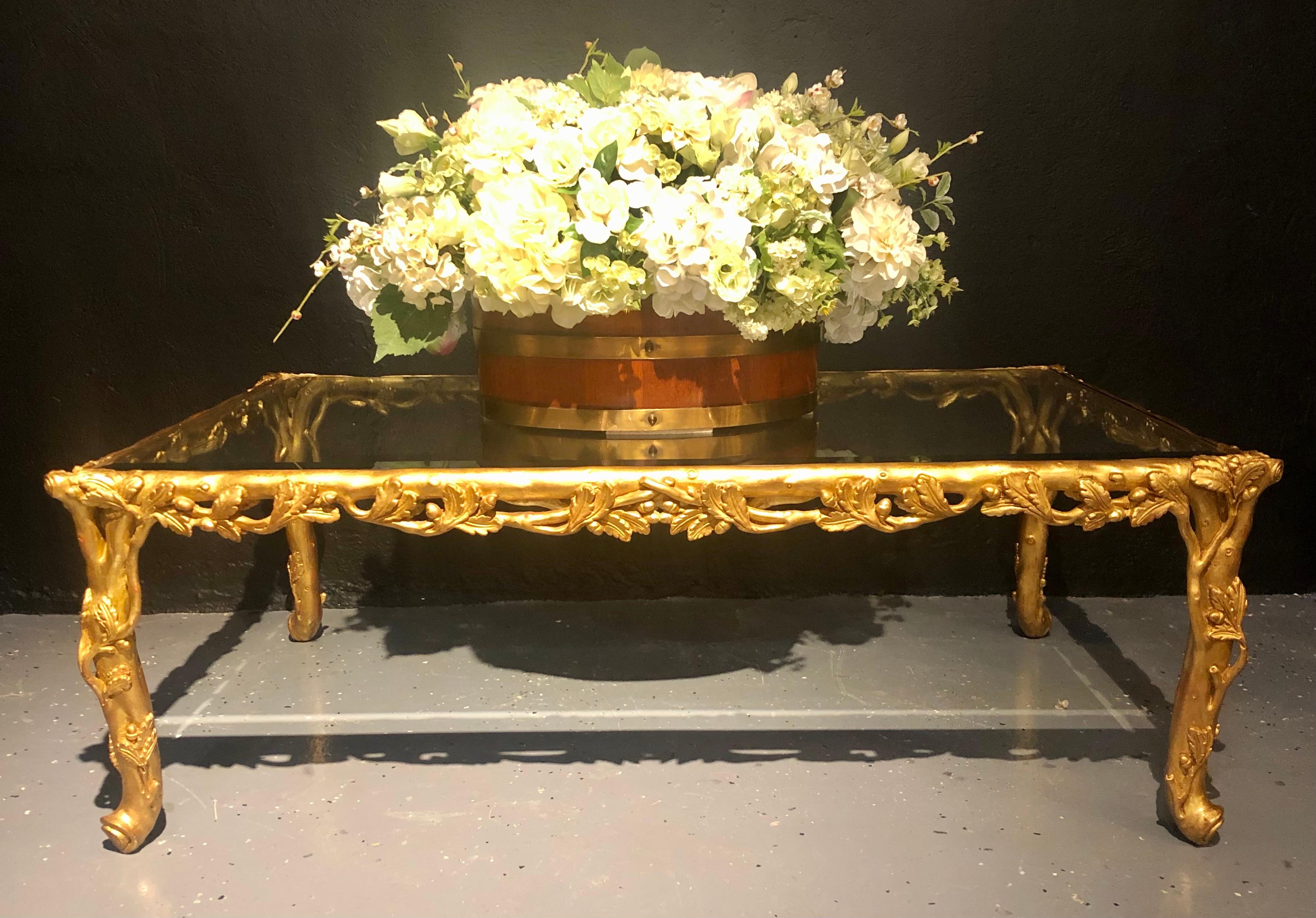 Hollywood Regency Style Giltwood Coffee Table, Beveled Glass Top In Good Condition In Stamford, CT