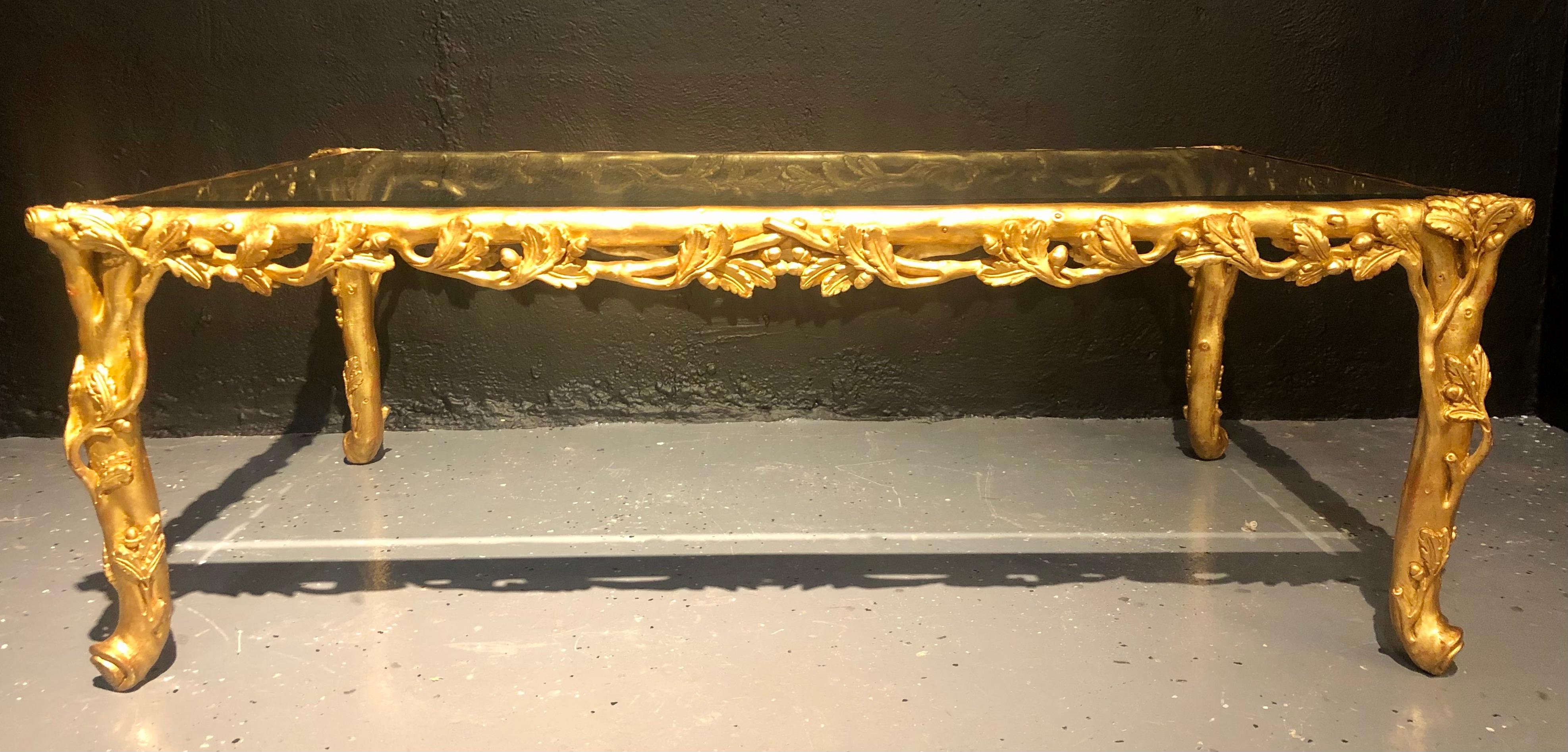 Hollywood Regency Style Giltwood Coffee Table, Beveled Glass Top 1