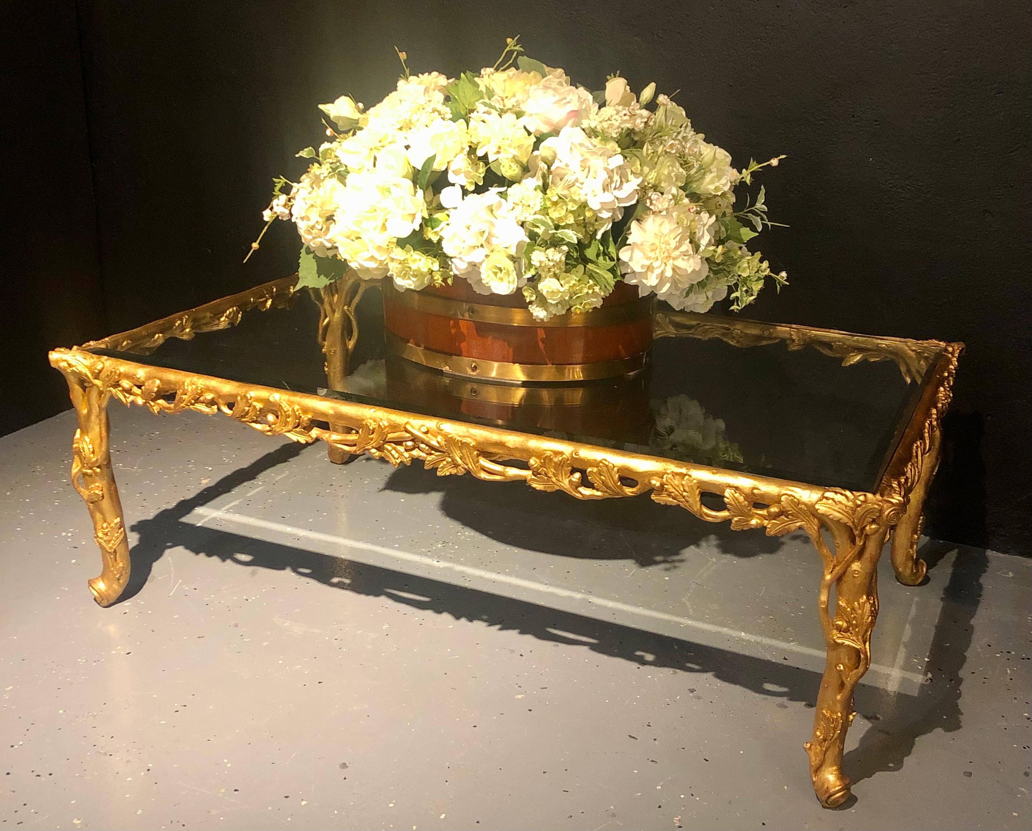 Hollywood Regency Style Giltwood Coffee Table, Beveled Glass Top 1
