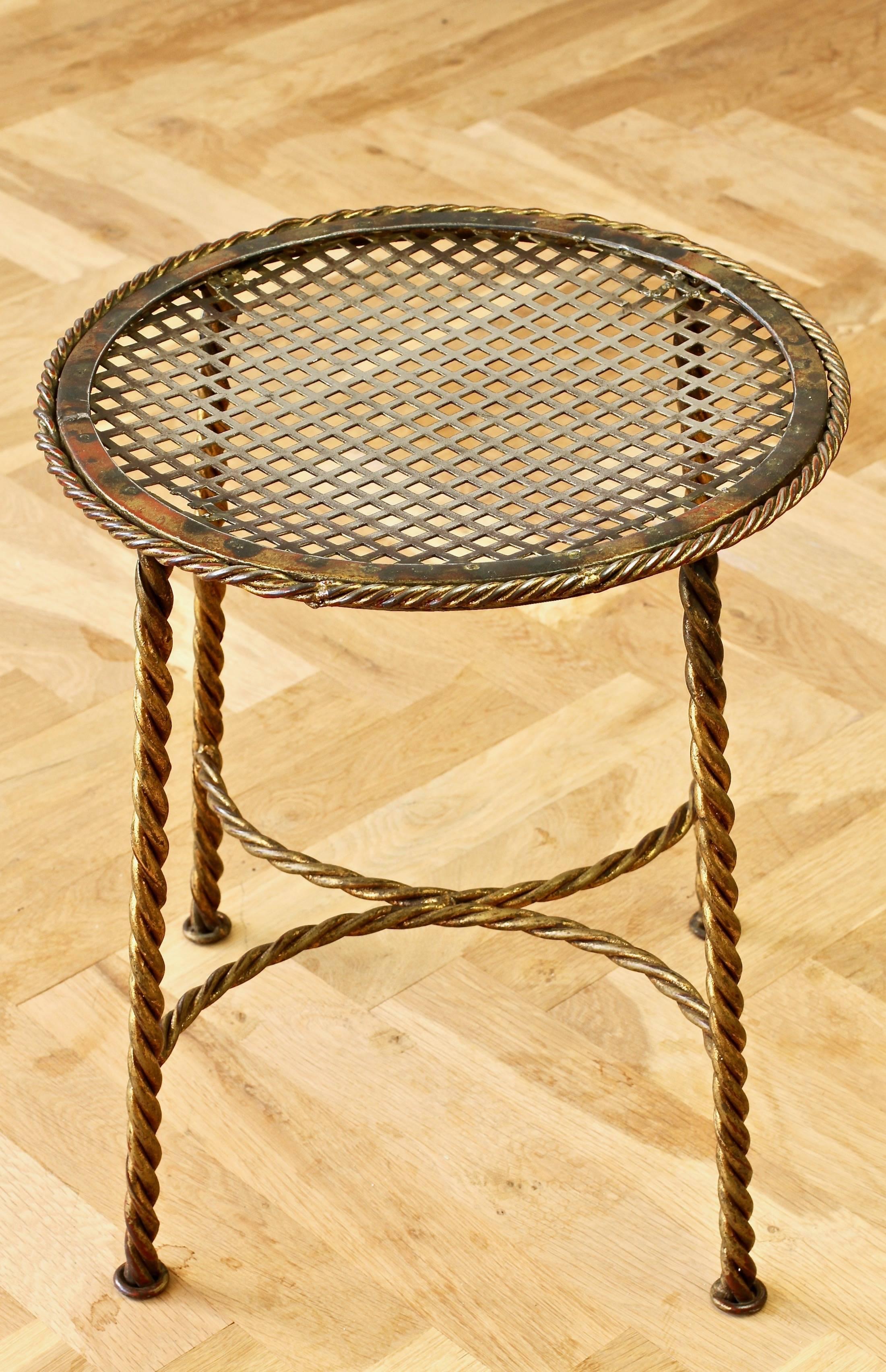 Italian Hollywood Regency Style Gilt Wrought Iron Rope and Tassel Bench or Vanity Stool