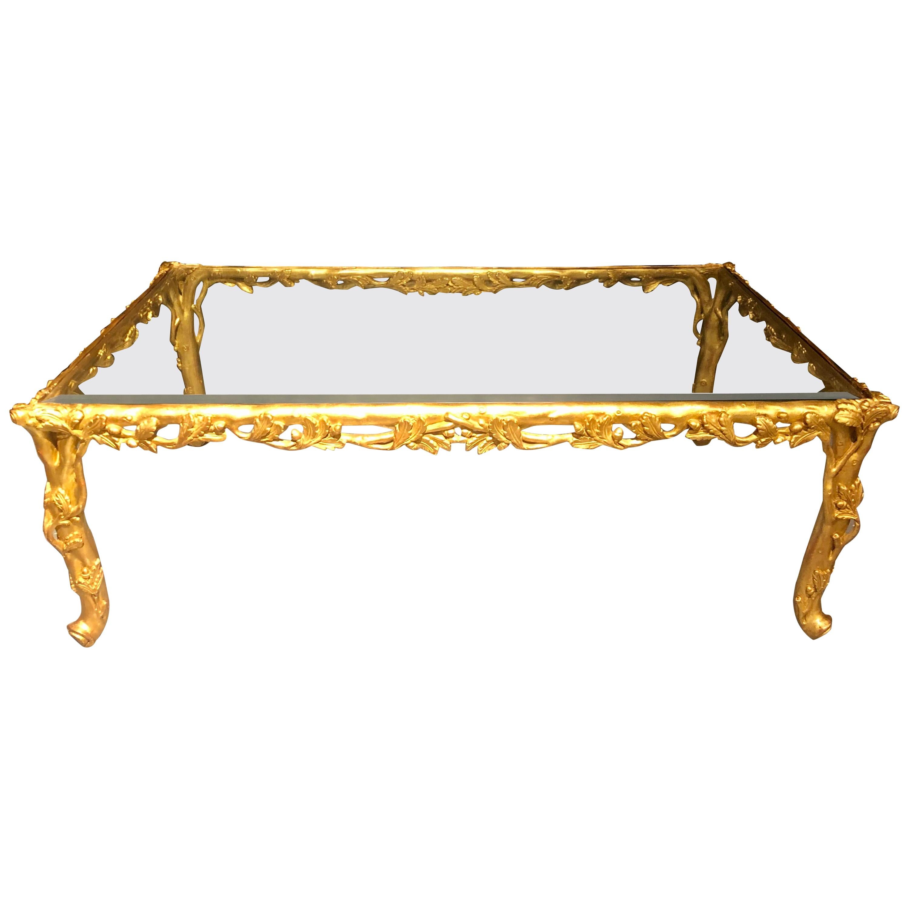 Hollywood Regency Style Giltwood Coffee Table, Beveled Glass Top