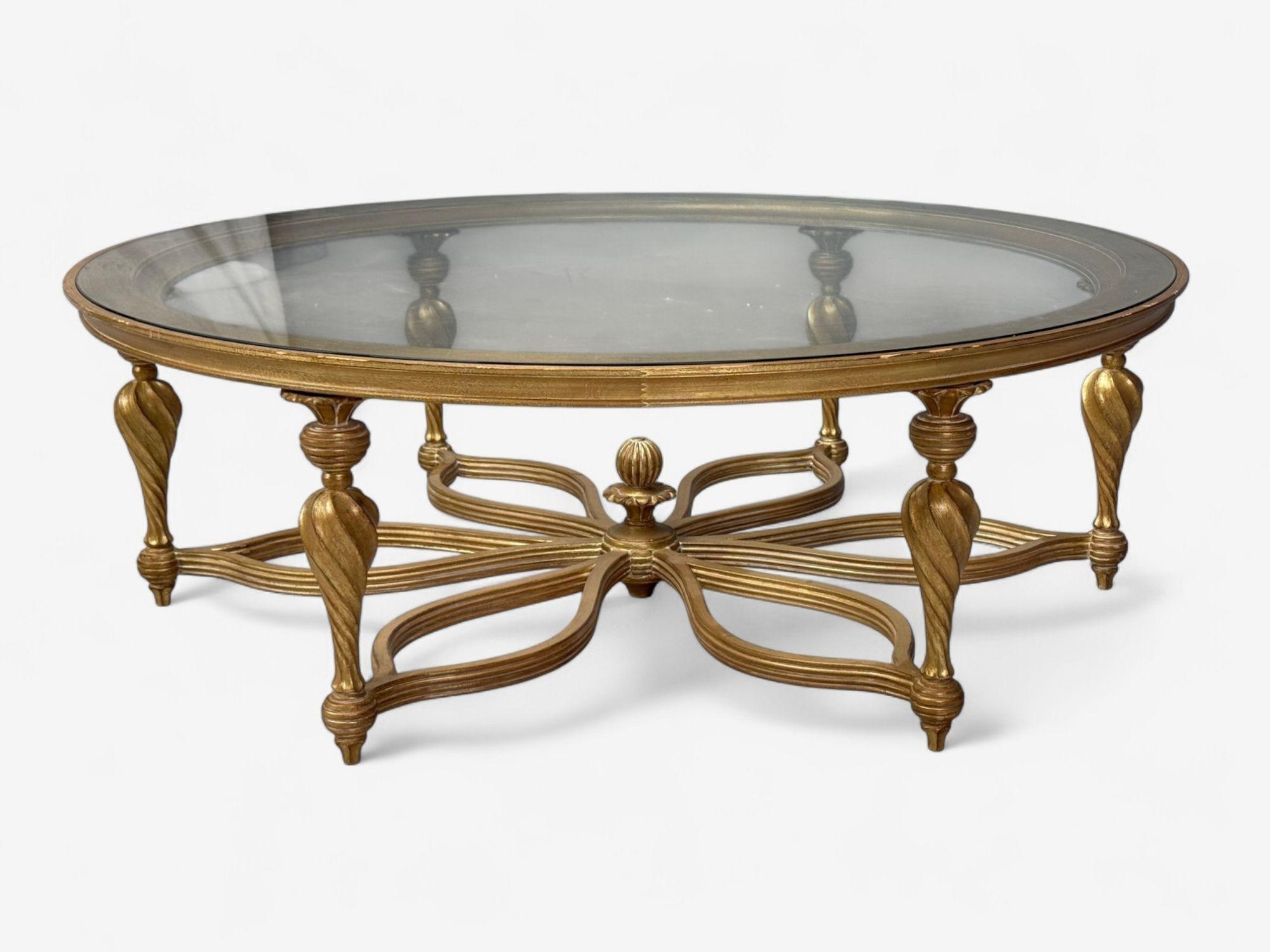 Estilo Hollywood Regency, madera dorada, cristal, mesa de centro monumental, Italia, años 2000 Regencia de Hollywood en venta