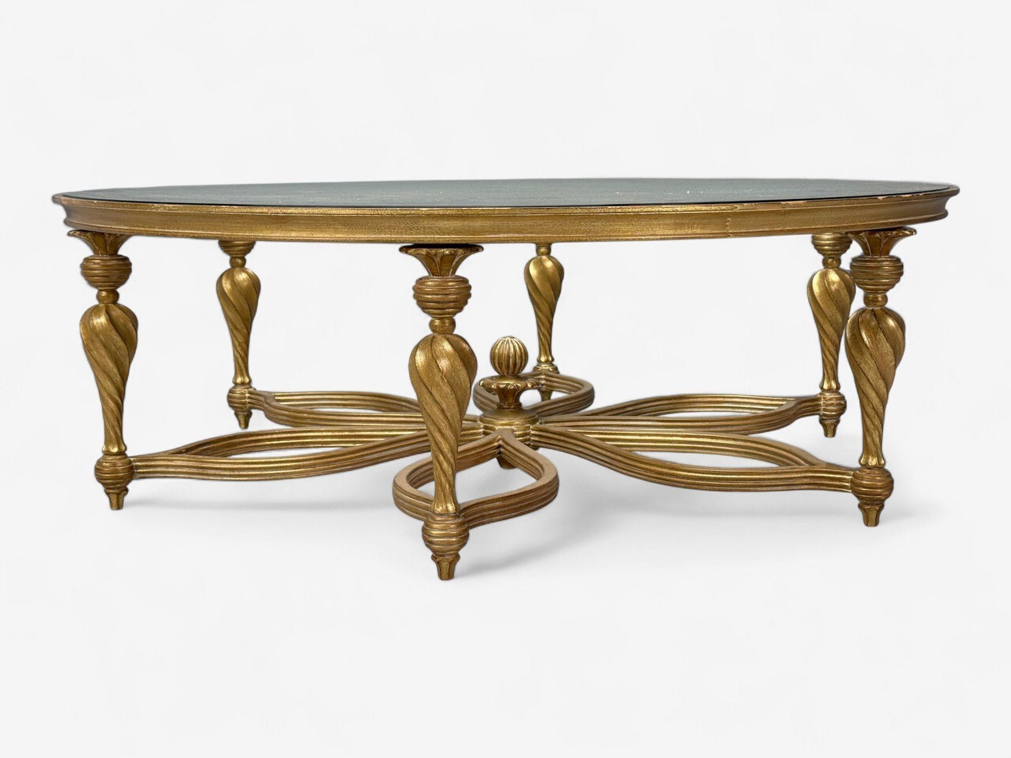 Estilo Hollywood Regency, madera dorada, cristal, mesa de centro monumental, Italia, años 2000 Italiano en venta