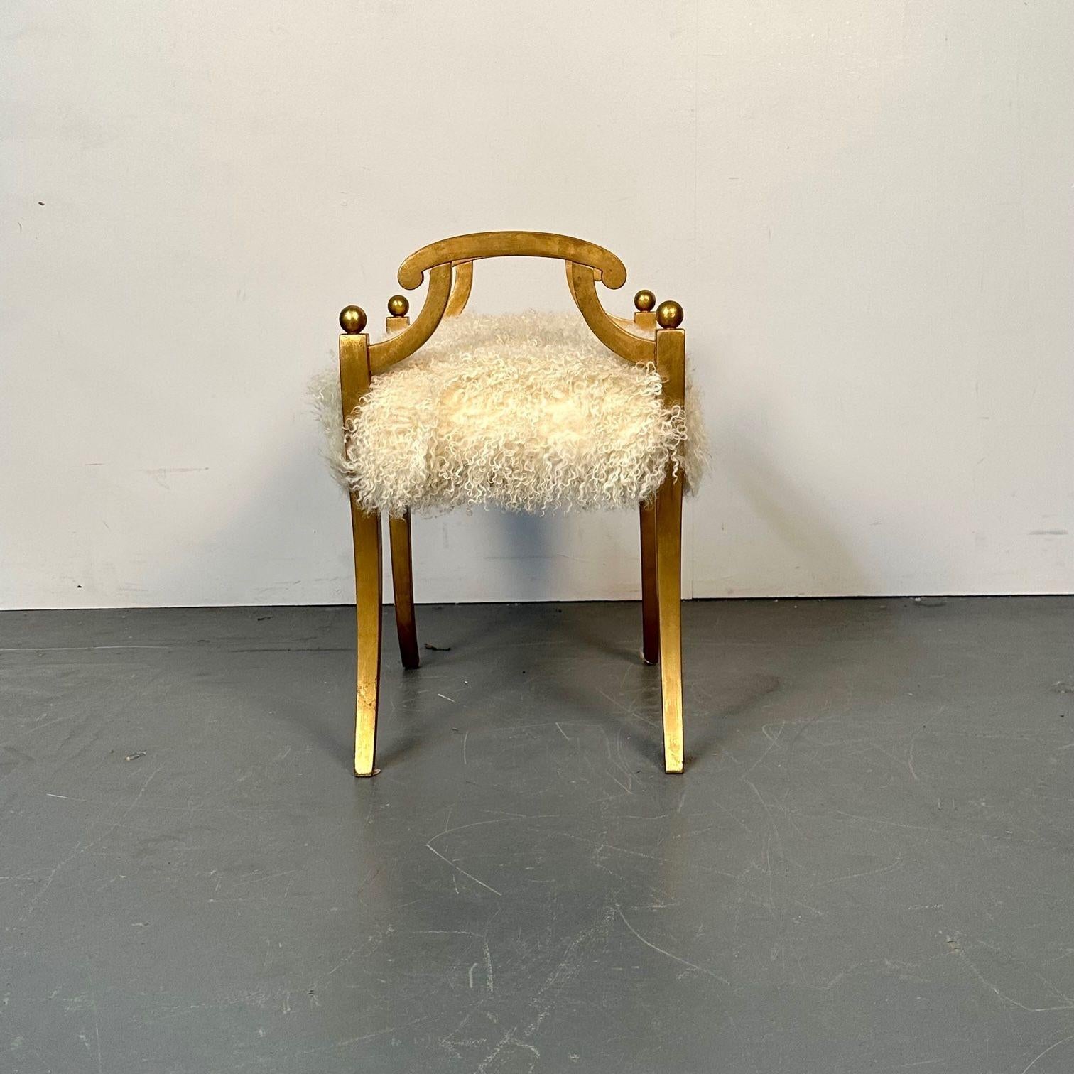 Hollywood Regency Style Giltwood Ottoman / Footstool, Sheepskin, Scandinavian For Sale 3