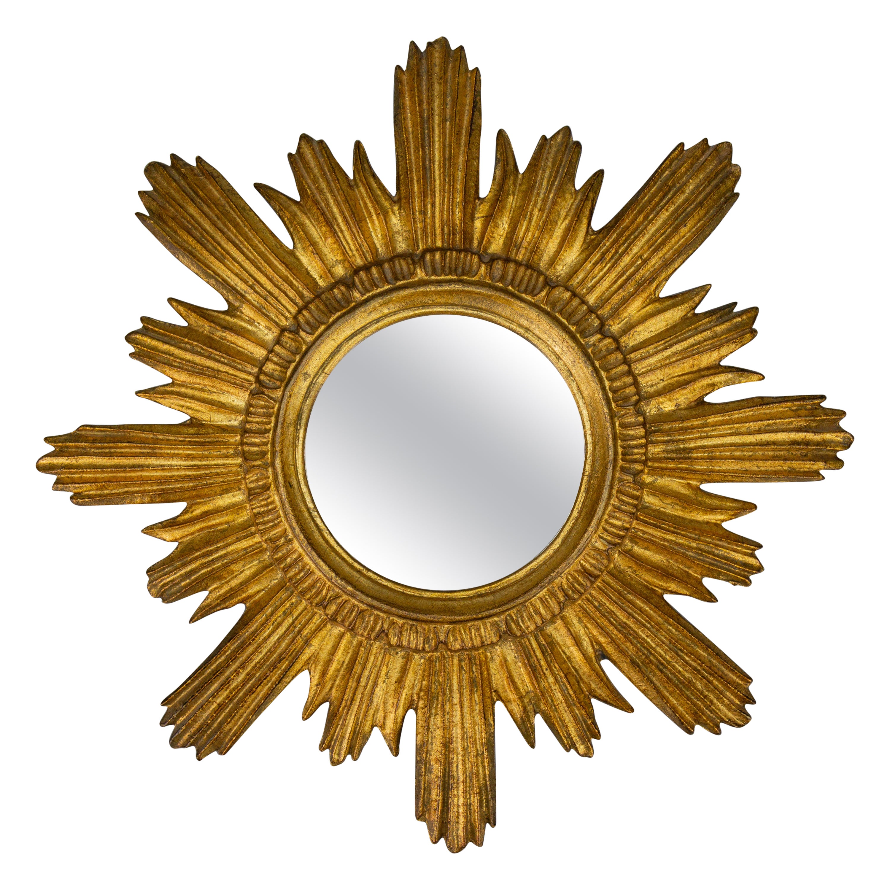 Specchio da parete in stile Hollywood Regency in legno dorato a raggiera o sole