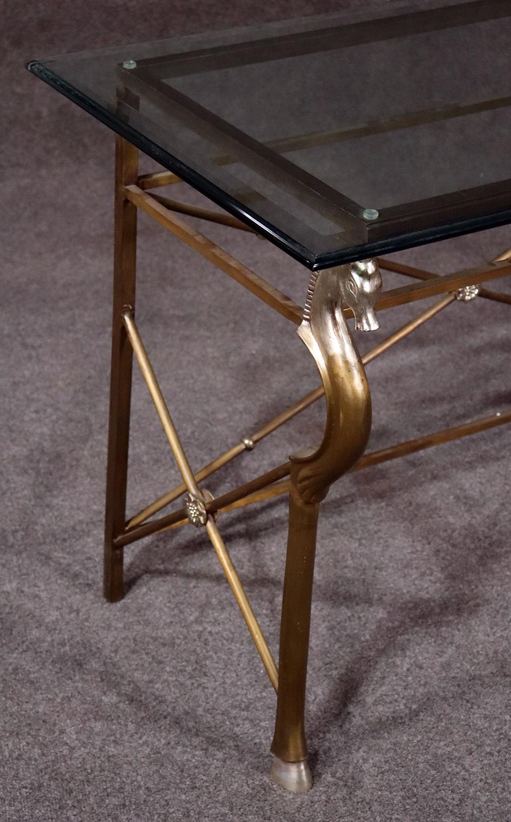 Hollywood Regency Maison Charles Attributed Horse Head Steel and Glass Top Console Table