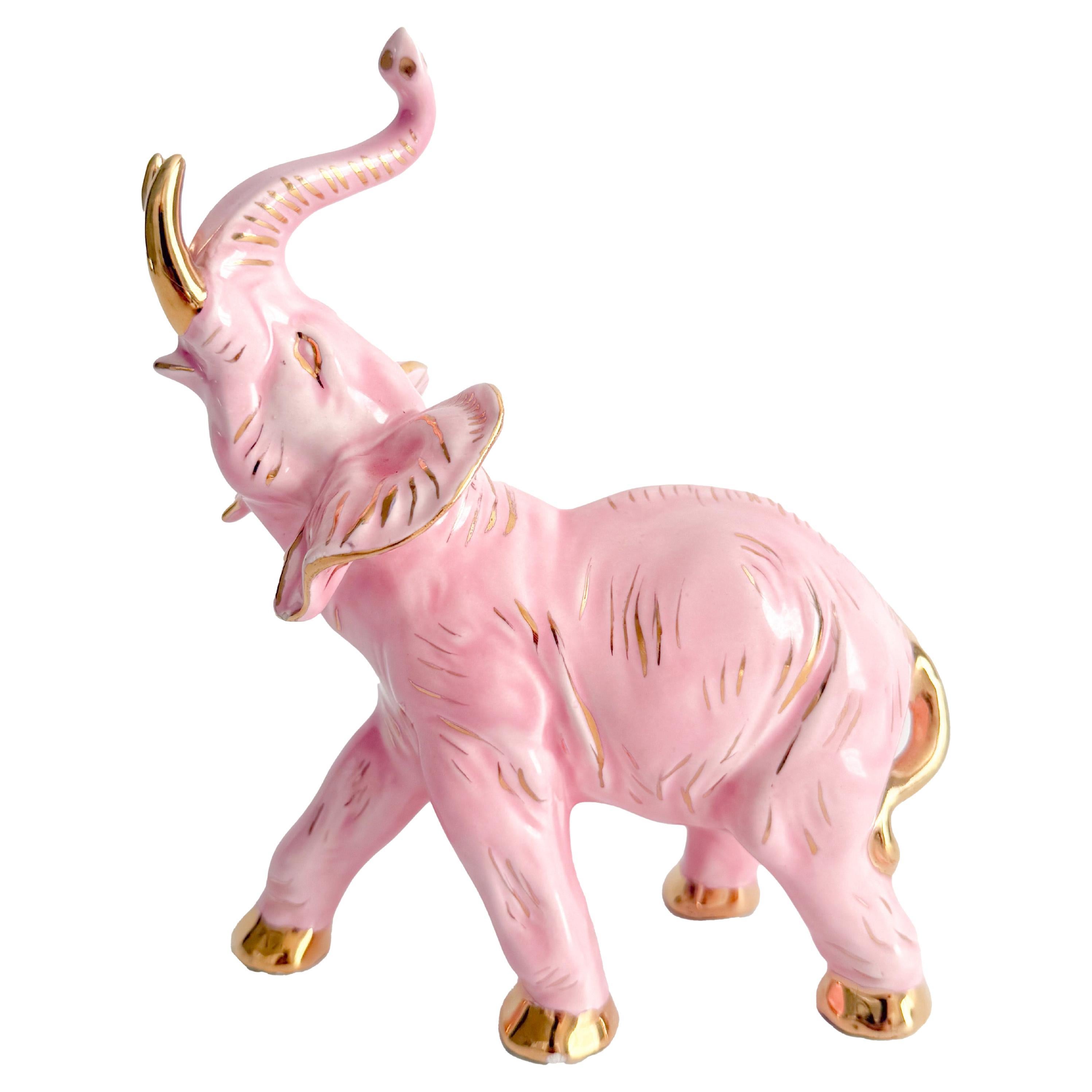 Figurina di elefante in stile Hollywood Regency in oro e rosa lucido in vendita