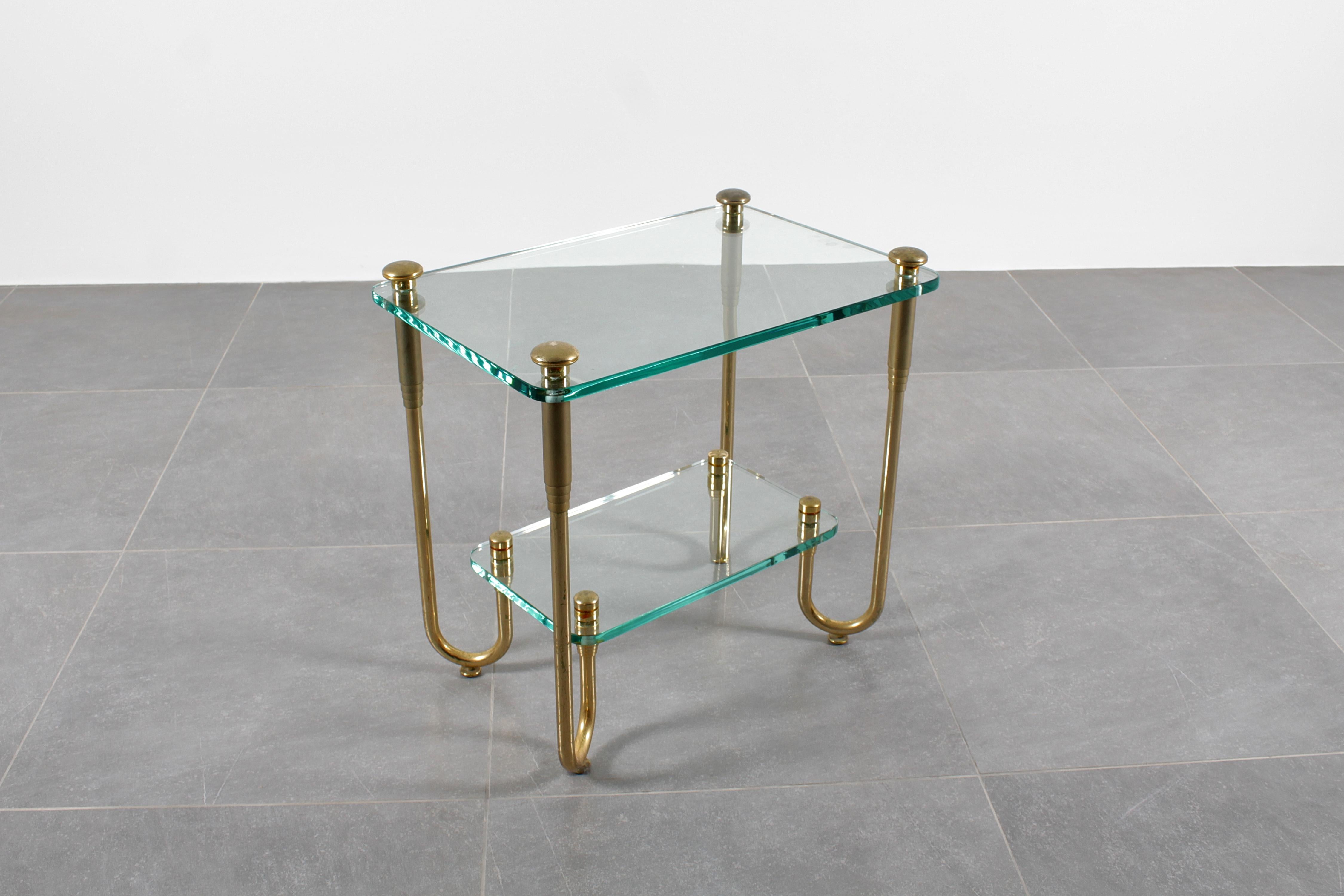 Late 20th Century Hollywood Regency Style Gold Plated Brass and Glass Side Table 70s Italy For Sale
