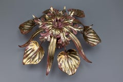 Hollywood Regency Style Golden and Purple Metal Three-Light Leaf Ceiling Lamp