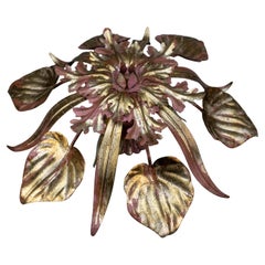 Hollywood Regency Style Golden and Purple Metal Three-Light Leaf Ceiling Lamp