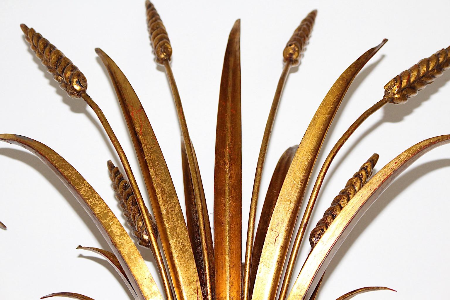 Hollywood Regency Style Golden Pair Sheaf of Wheat Appliques Sconce 1970s France 8