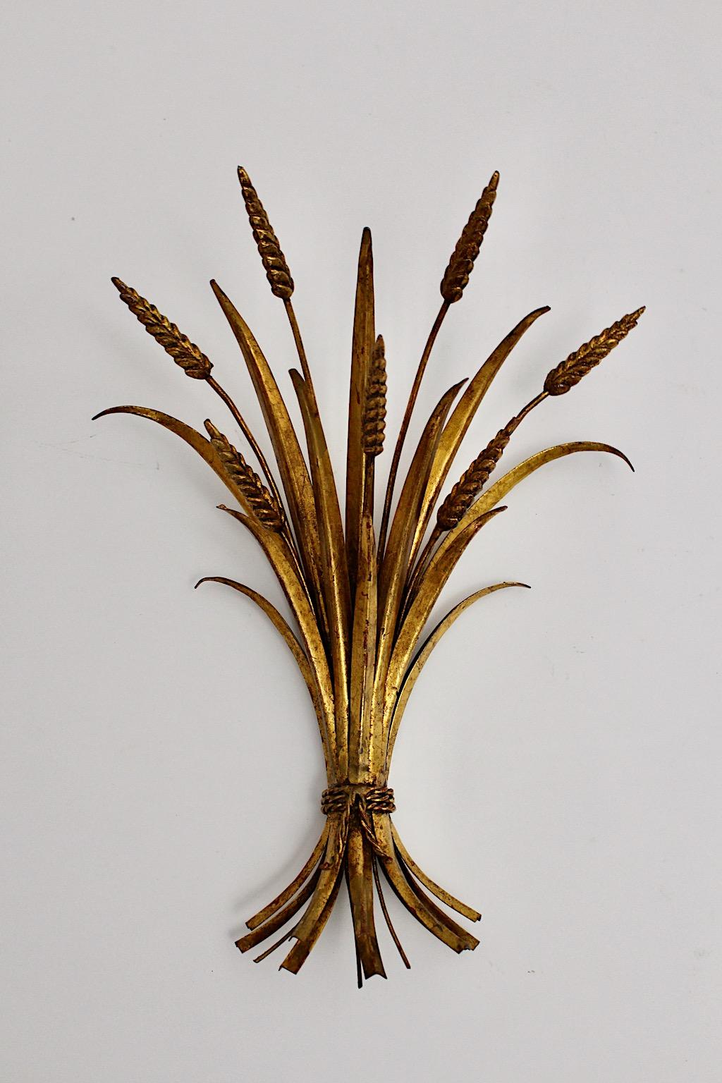 20th Century Hollywood Regency Style Golden Pair Sheaf of Wheat Appliques Sconce 1970s France