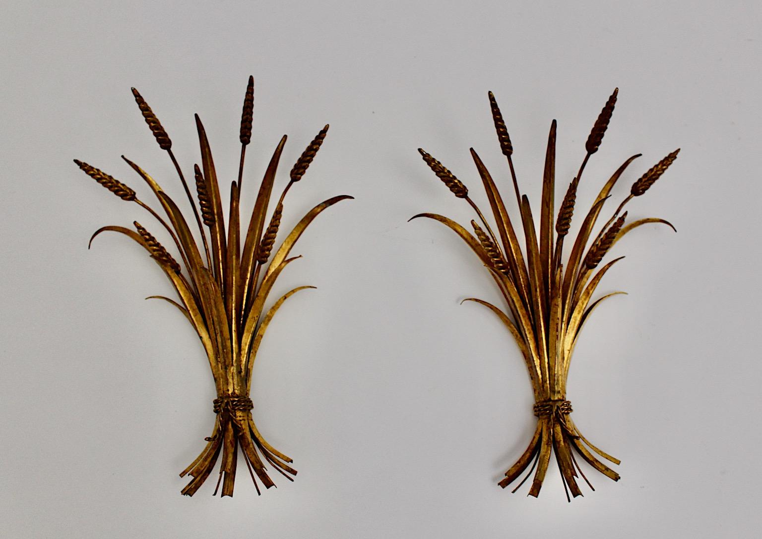 Metal Hollywood Regency Style Golden Pair Sheaf of Wheat Appliques Sconce 1970s France