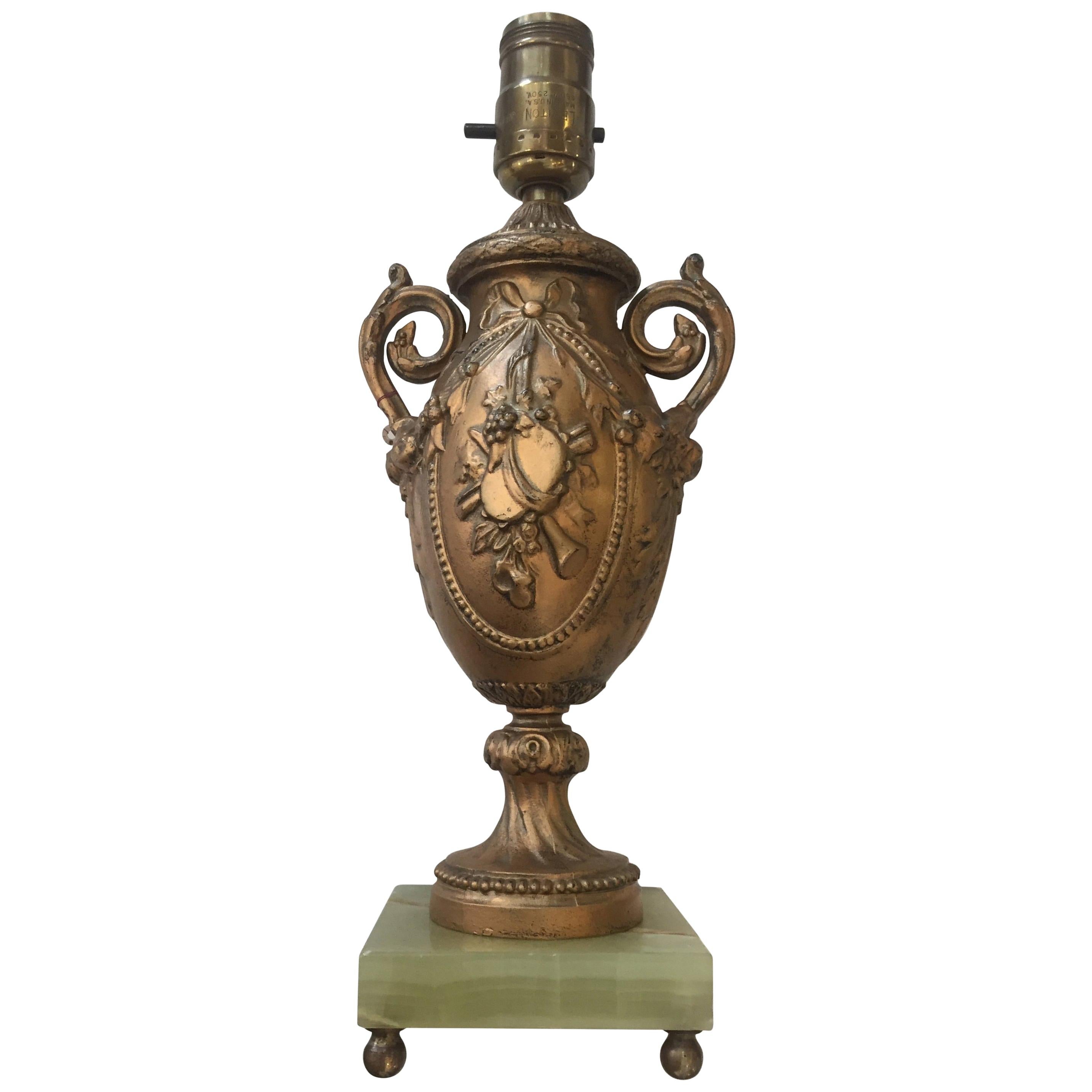 Hollywood Regency Style Goldtone Spelter Urn Table Lamp on Marble Base