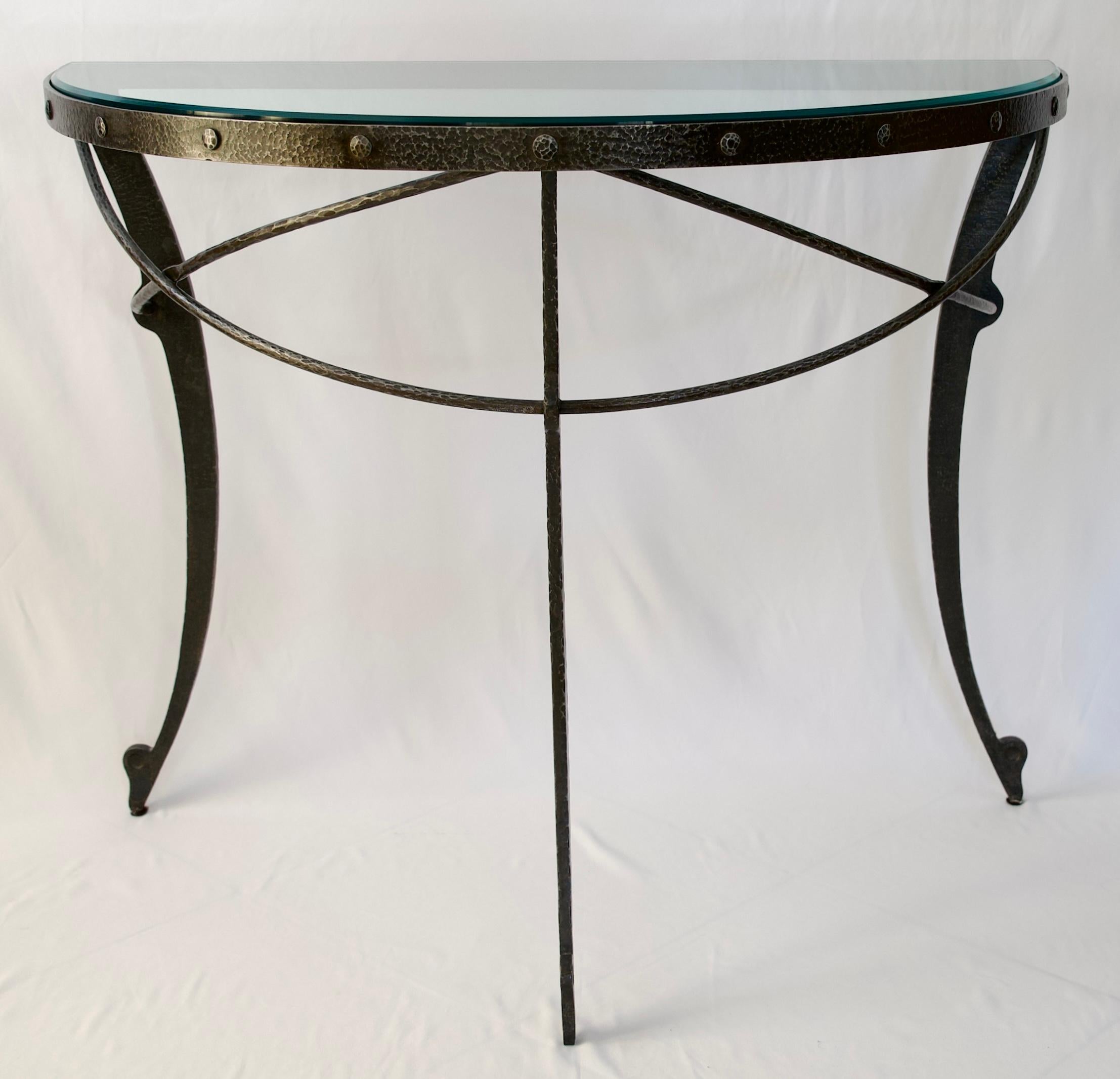 American Hollywood Regency Style Half Moon Console Table Iron & Glass, Bathroom Vanity For Sale
