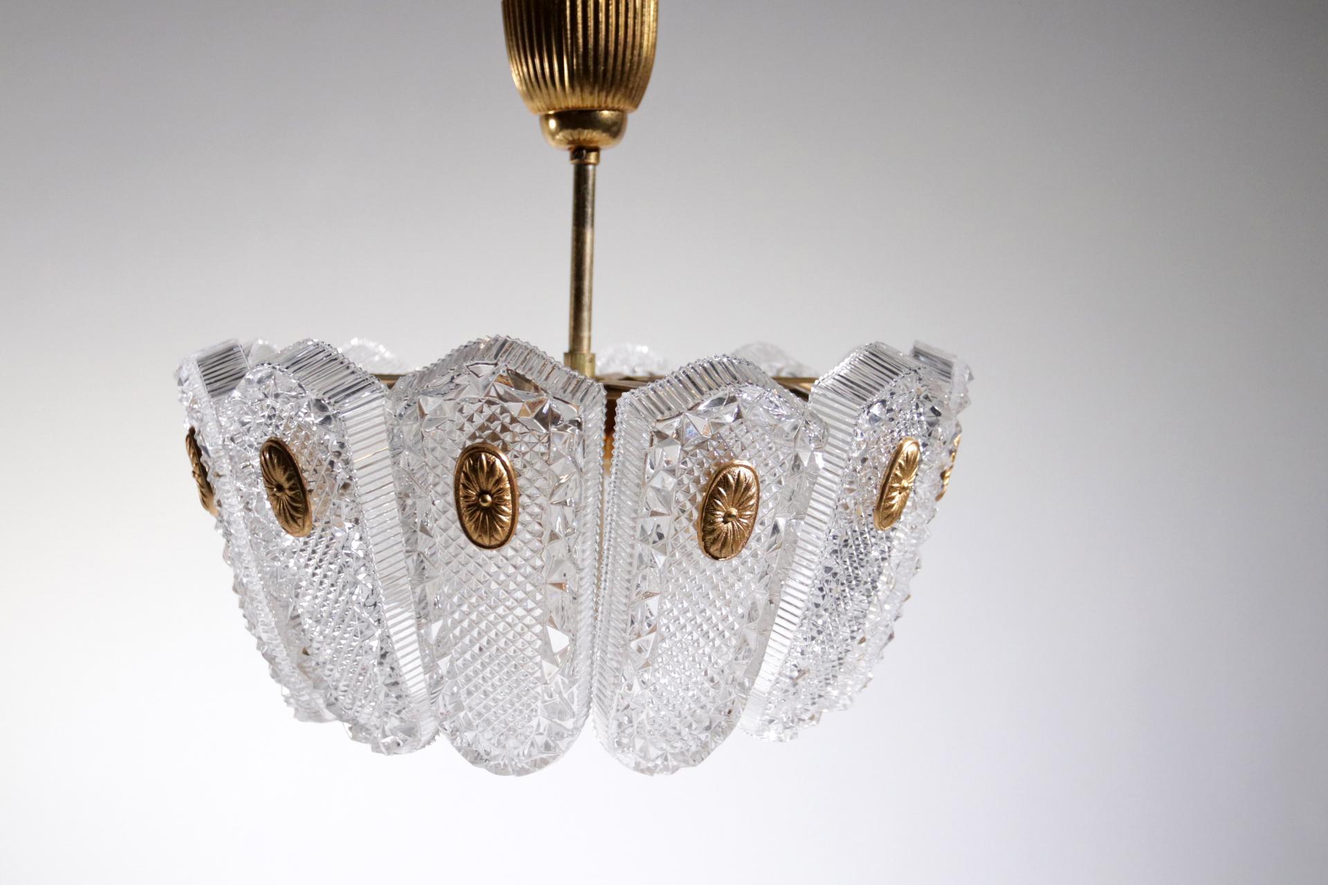 European Hollywood Regency Style Hanging Lamp Gold and Glass, circa 1960