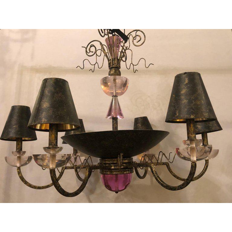 Hollywood Regency Style Iron and Lucite with Colored Glass Chandelier In Good Condition For Sale In Plainview, NY