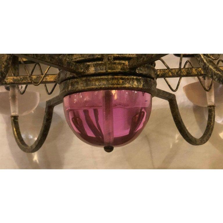 Hollywood Regency Style Iron and Lucite with Colored Glass Chandelier For Sale 2