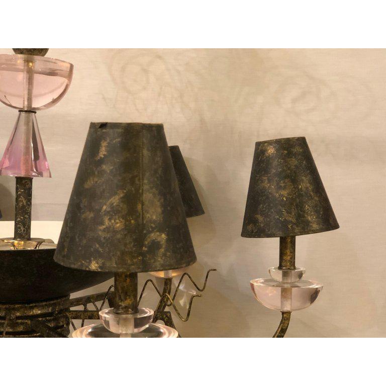 Hollywood Regency Style Iron and Lucite with Colored Glass Chandelier For Sale 5