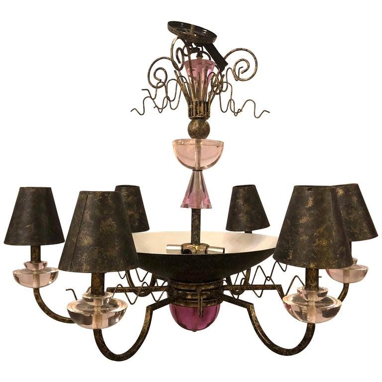 Hollywood Regency Style Iron and Lucite with Colored Glass Chandelier
