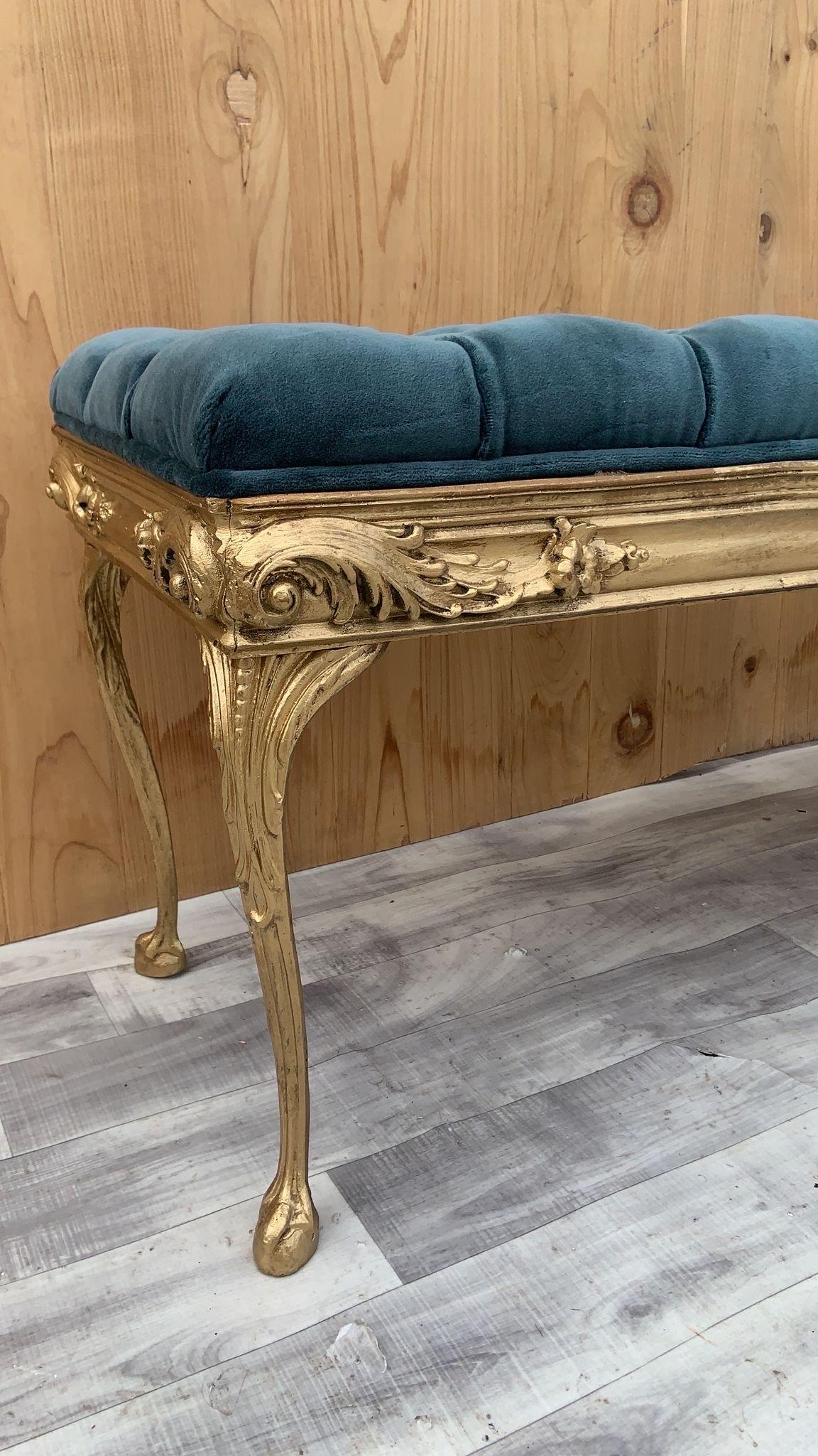 Hollywood Regency Style Italian Gold Ornate Tufted Bench Newly Upholstered 5