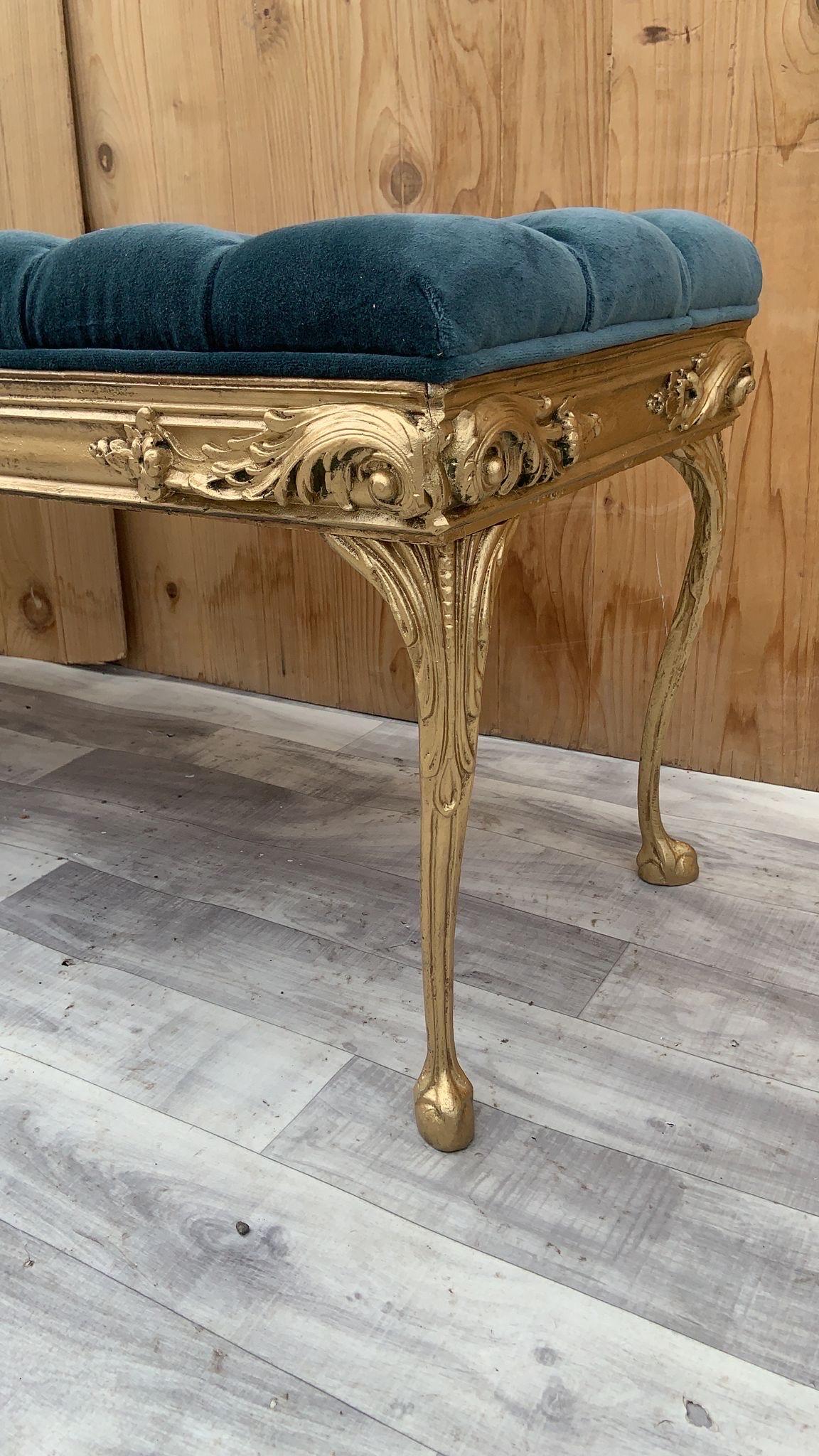 Hollywood Regency Style Italian Gold Ornate Tufted Bench Newly Upholstered 6