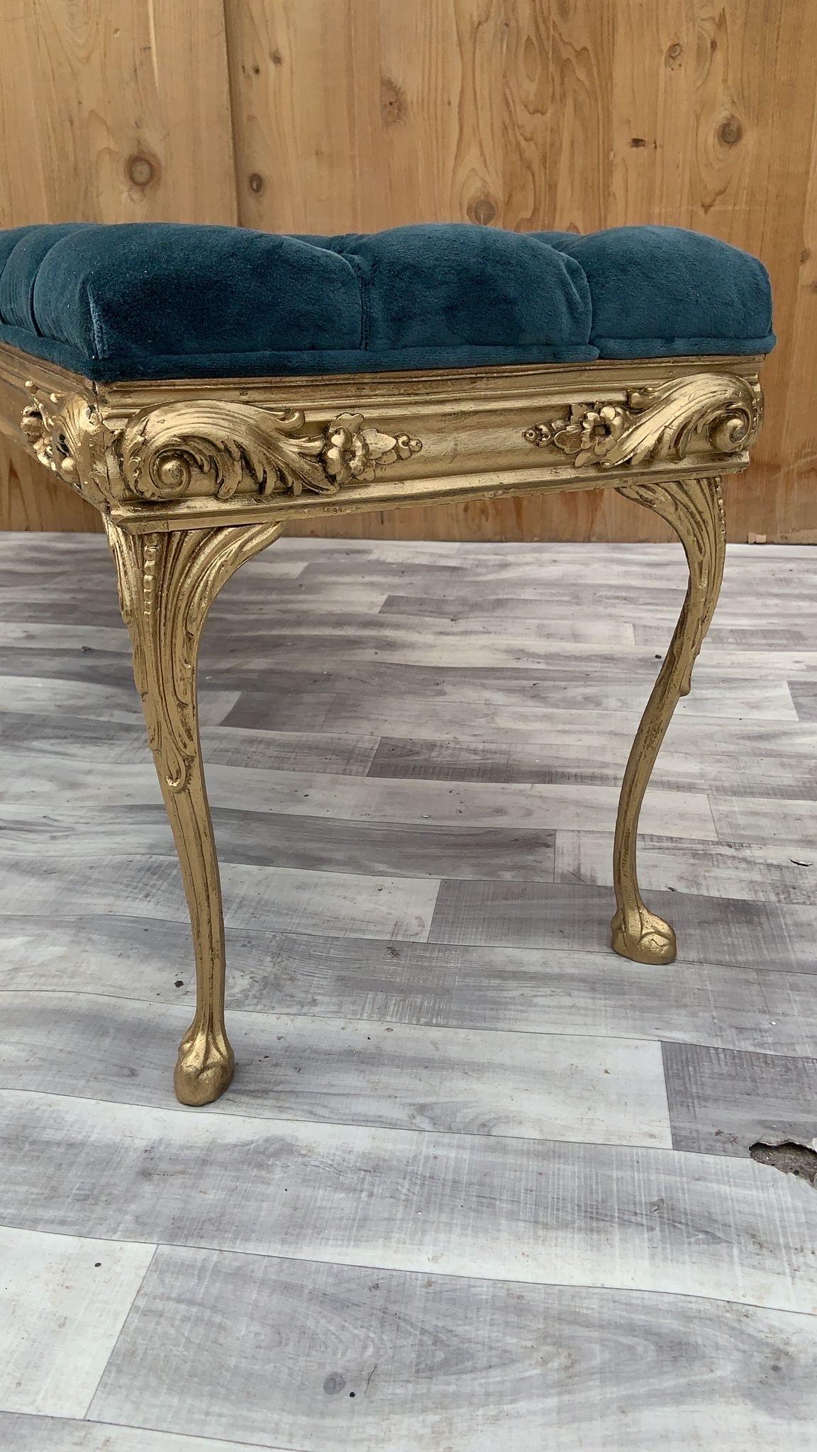 Hollywood Regency Style Italian Gold Ornate Tufted Bench Newly Upholstered 9