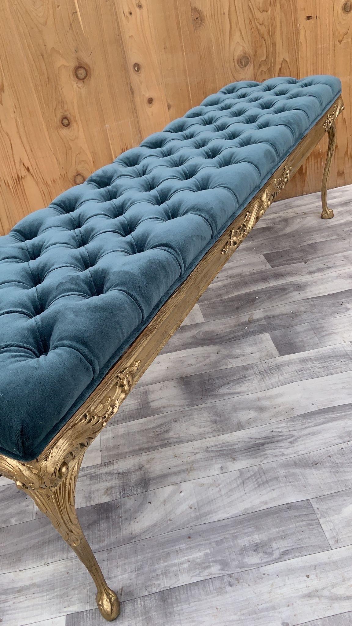 Hollywood Regency Style Italian Gold Ornate Tufted Bench Newly Upholstered In Good Condition In Chicago, IL