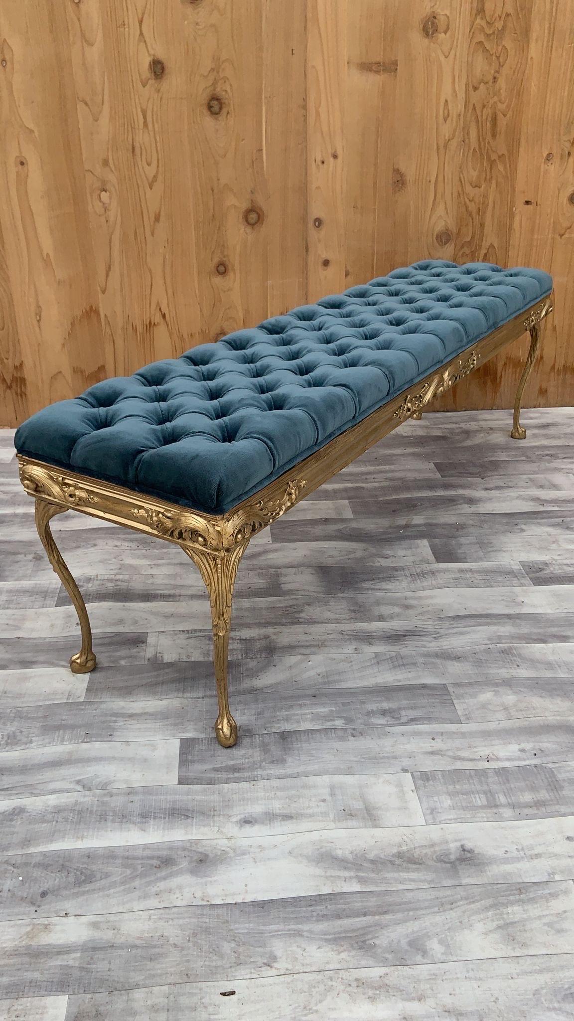 Mid-20th Century Hollywood Regency Style Italian Gold Ornate Tufted Bench Newly Upholstered