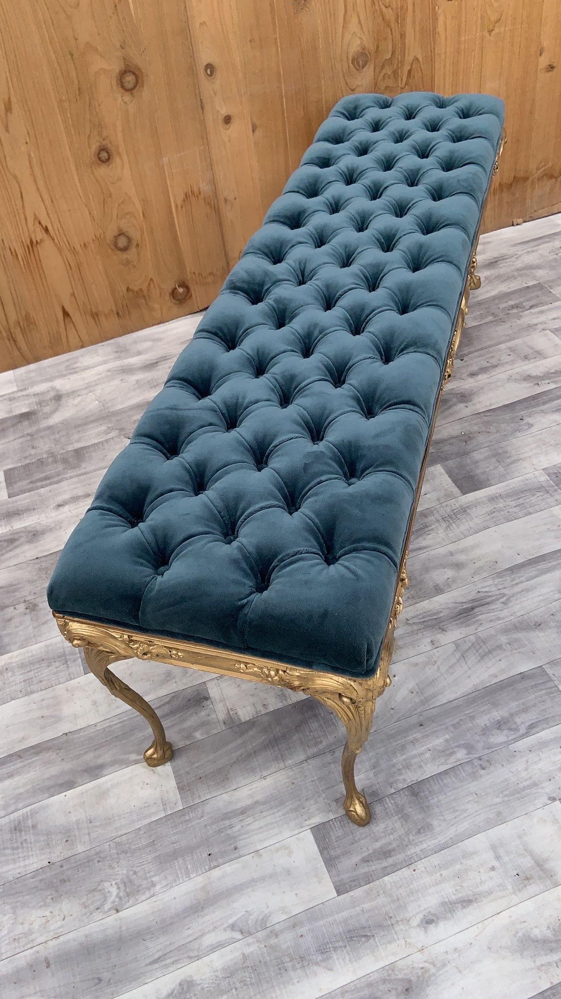 Hollywood Regency Style Italian Gold Ornate Tufted Bench Newly Upholstered 1