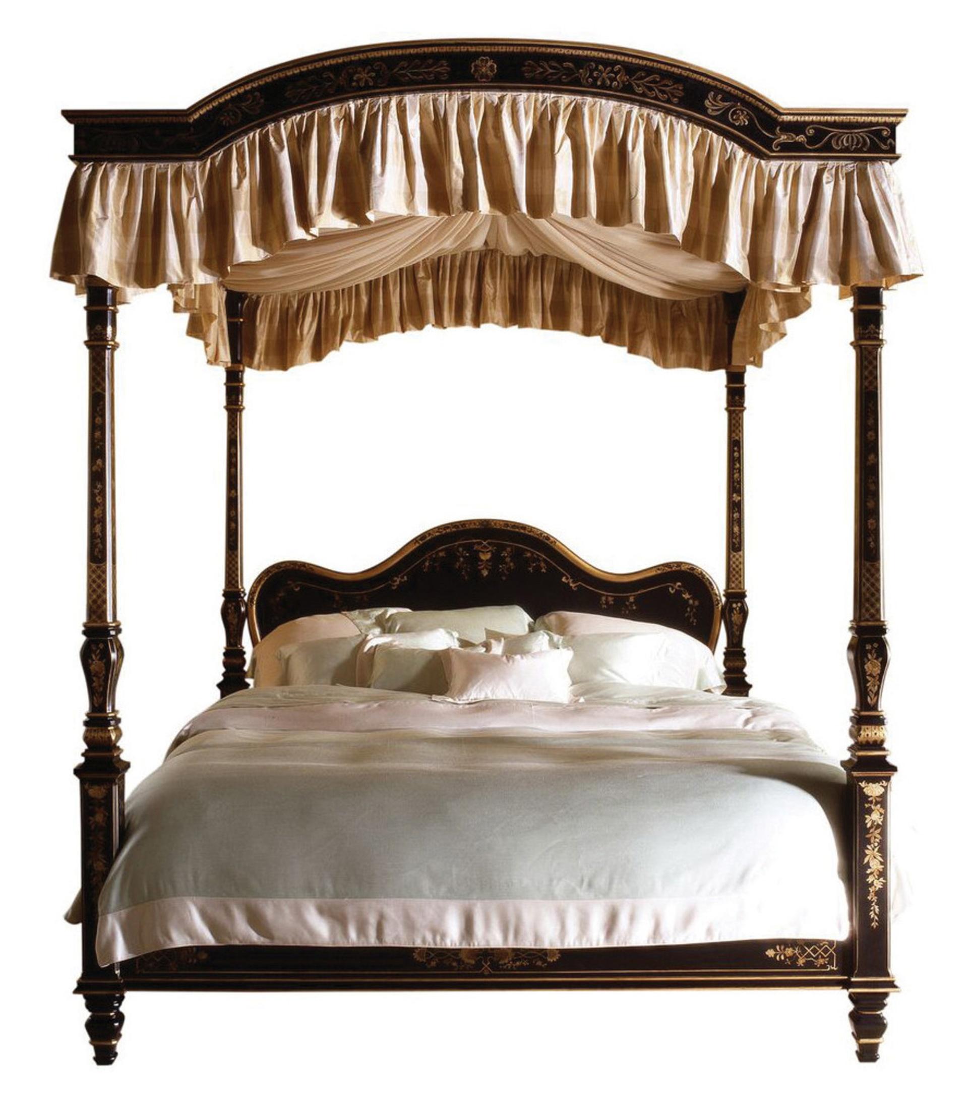 Hollywood Regency style Julia Gray poster bed. King sized Corbeau decorated four ebony and parcel-gilt decorated posts on this large and impressive poster bed designed by Julia Gray for EJ Victor. Leaf, vines, butterflies and scroll designed abound