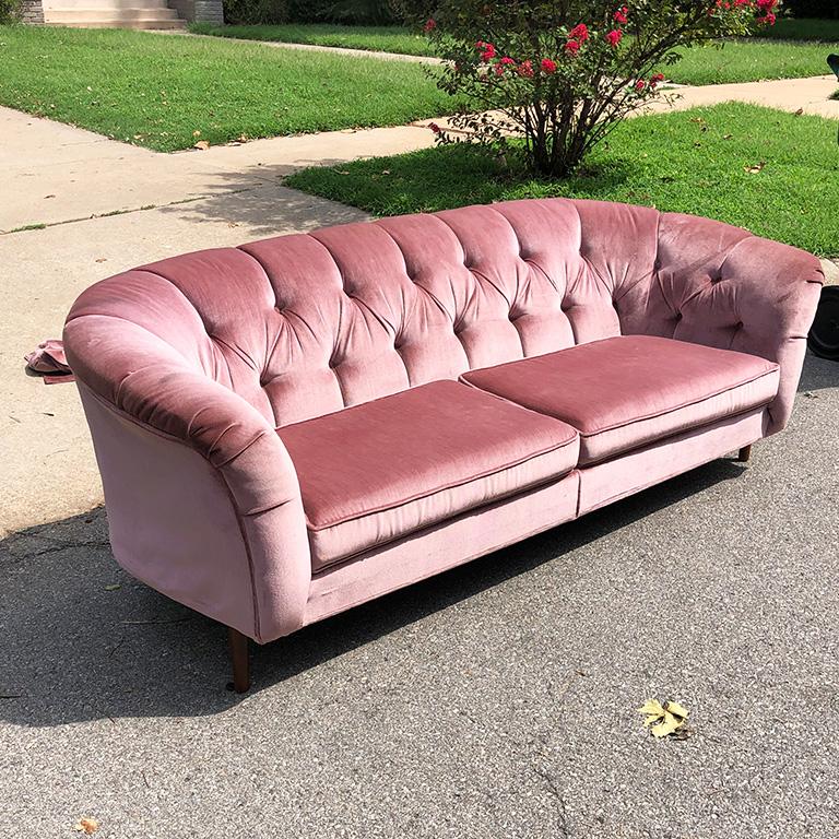 Long Hollywood Regency Pink or Mauve Velvet Kidney Form Tufted