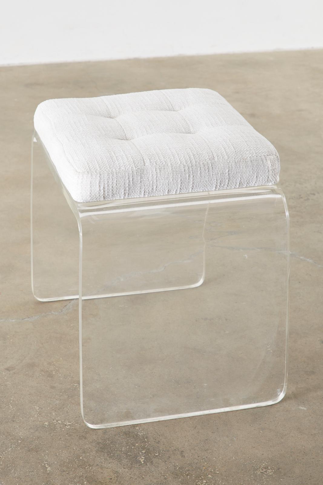 Fabric Hollywood Regency Style Lucite Waterfall Vanity Bench Stool
