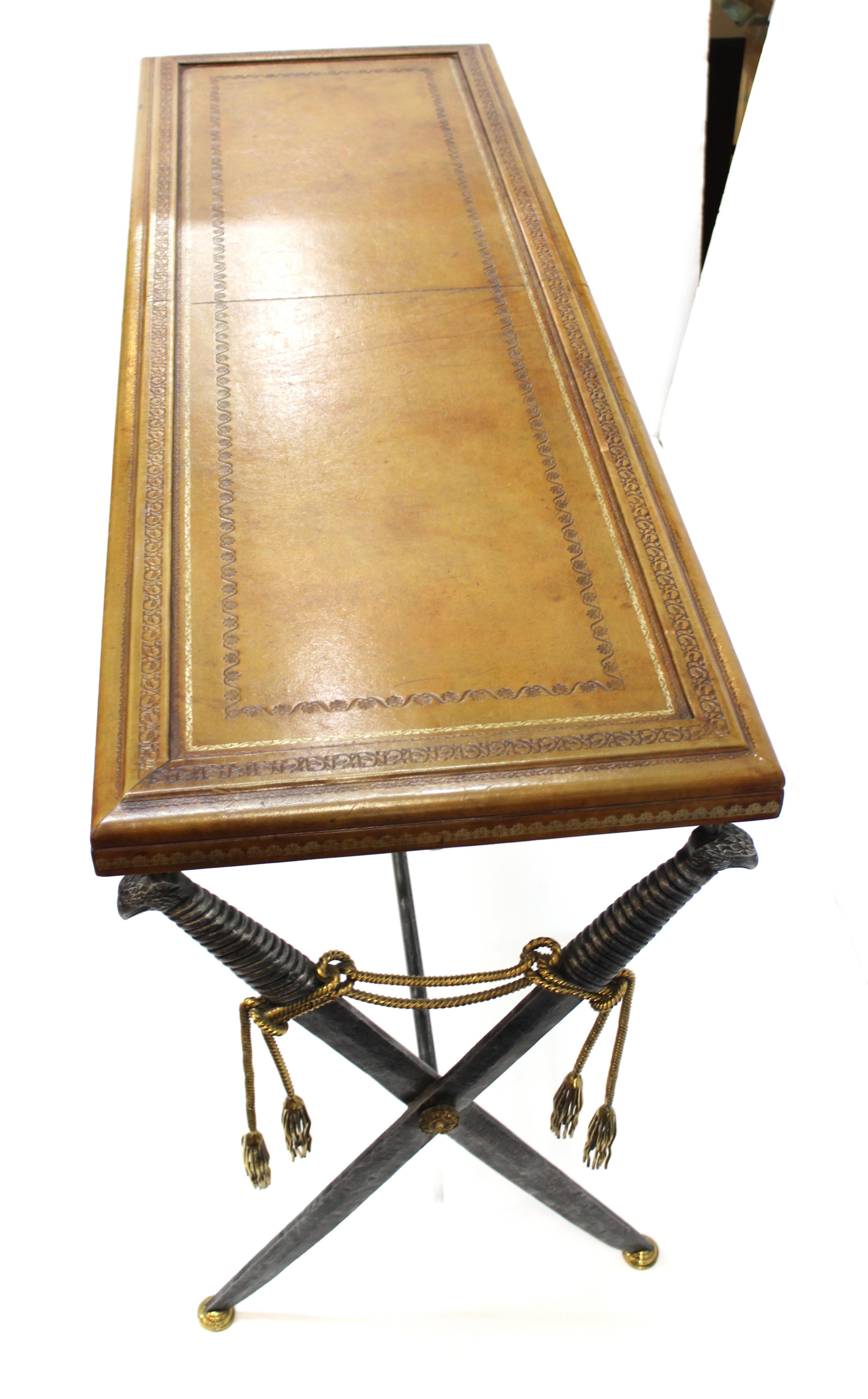 Hollywood Regency Style Maitland Smith Leather Top Console with Crossed Swords 6