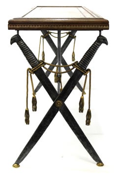 Hollywood Regency Style Maitland Smith Leather Top Console with Crossed Swords