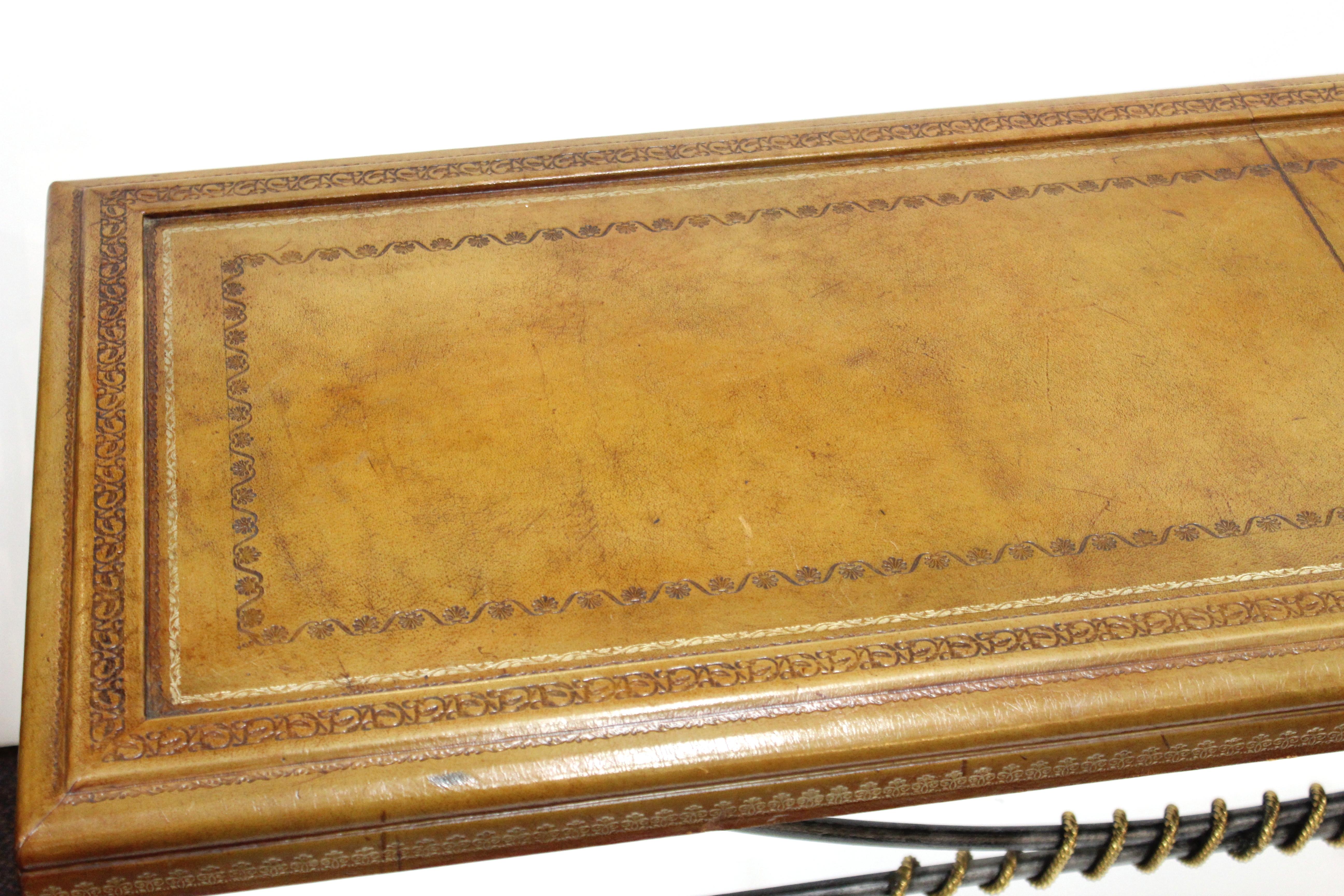 American Hollywood Regency Style Maitland Smith Leather Top Console with Crossed Swords
