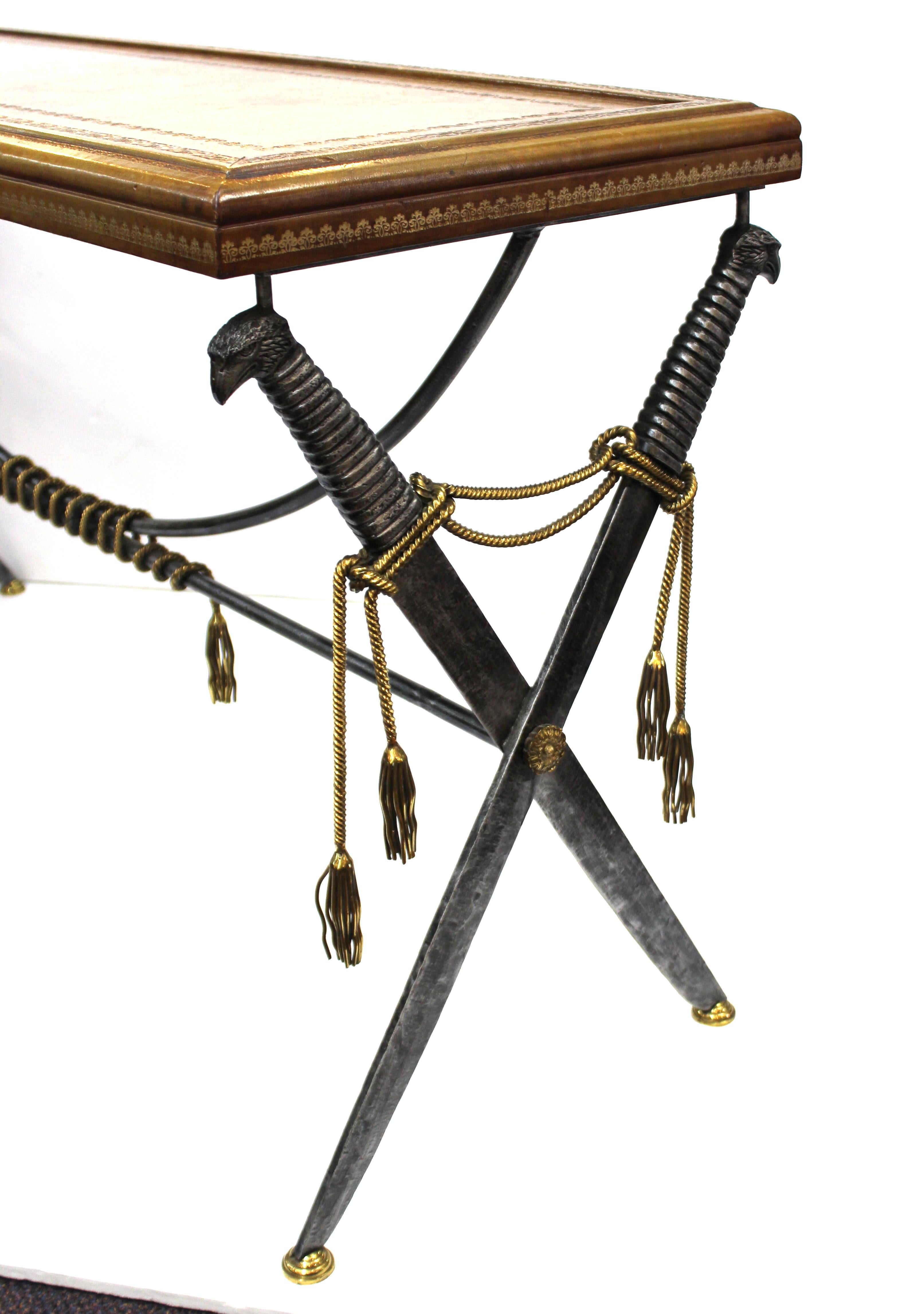 Hollywood Regency Style Maitland Smith Leather Top Console with Crossed Swords 1