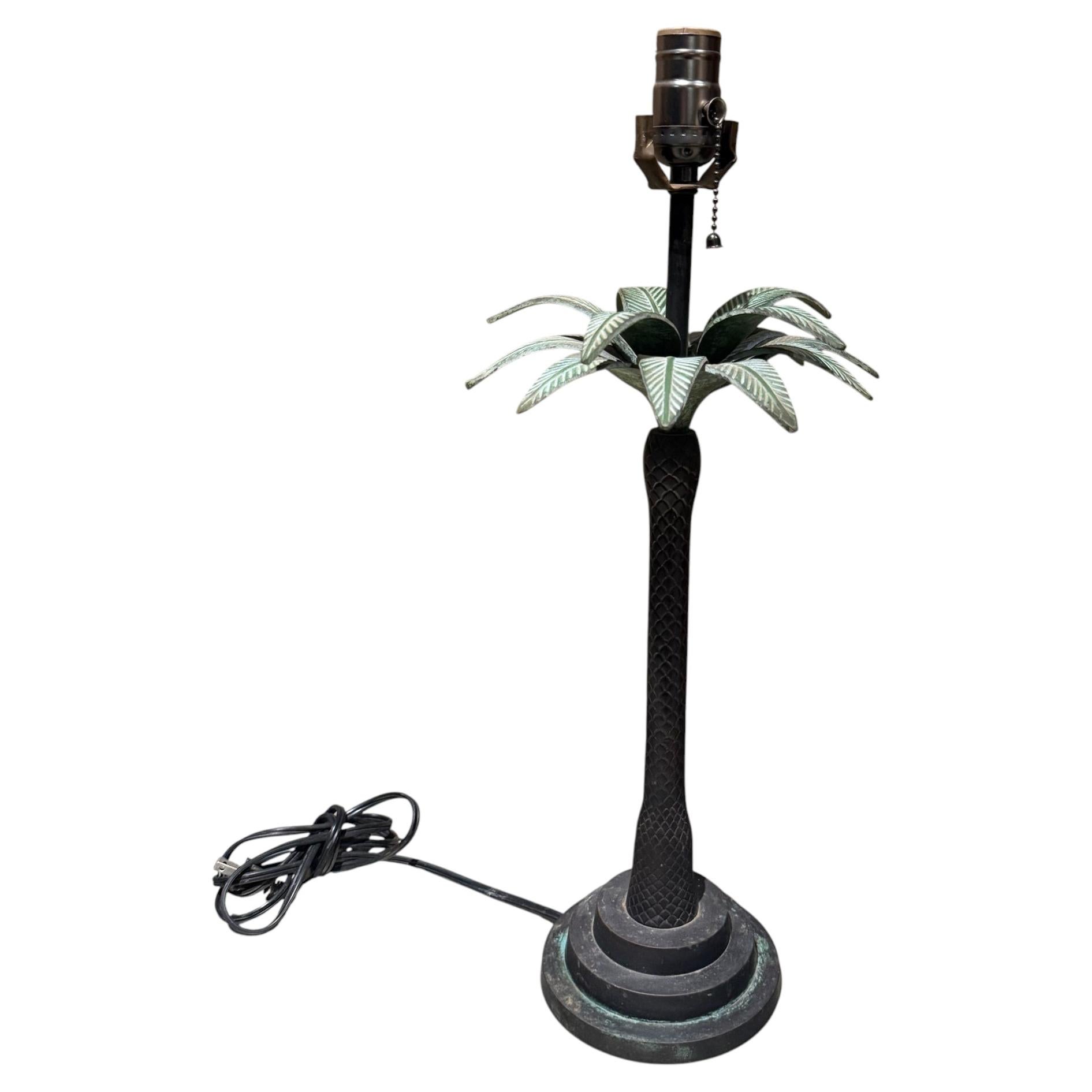 Hollywood Regency Style Maitland Smith Palm Tree Table Lamp Faux Bronze, 1980s For Sale