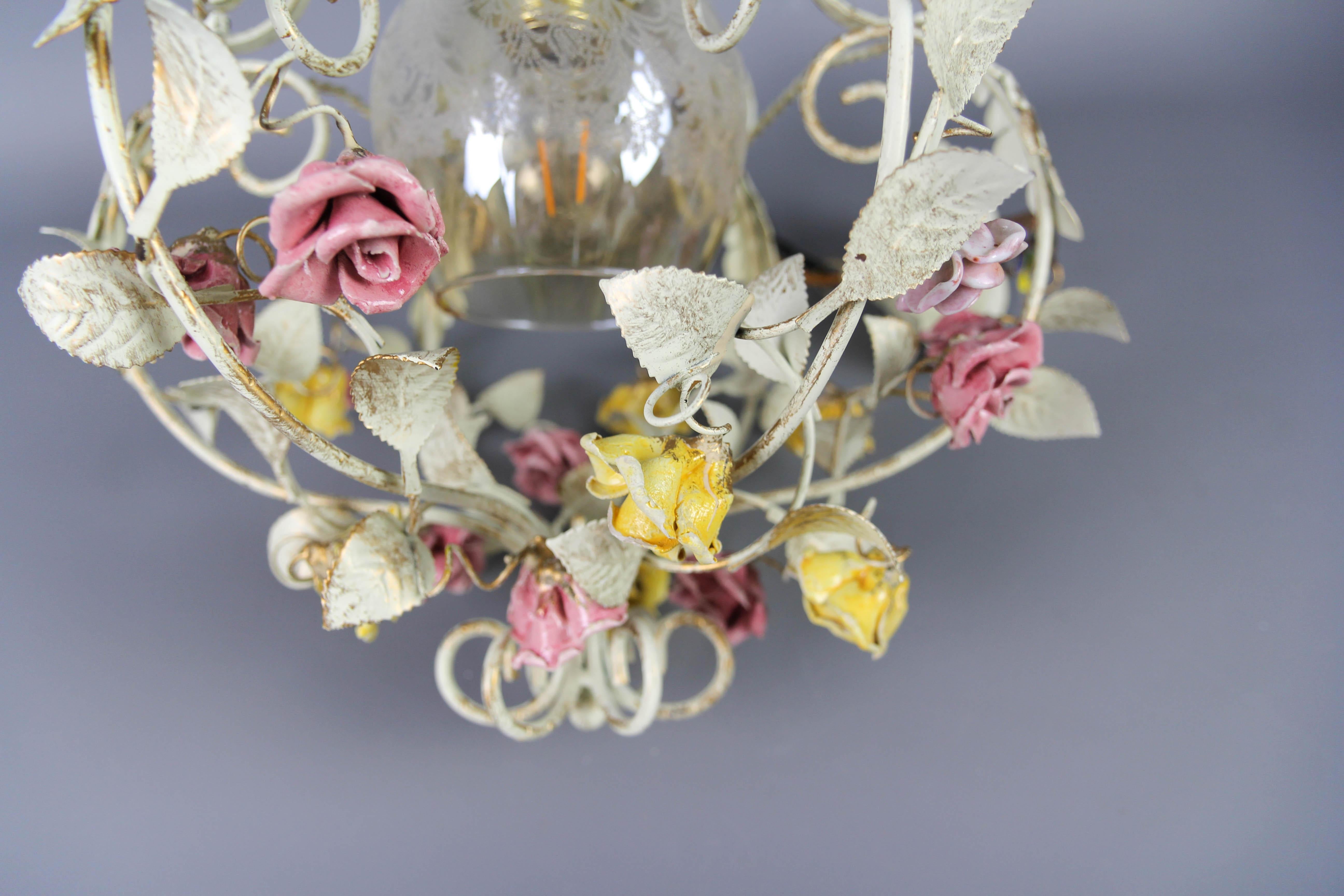 Hollywood Regency Style Metal and Glass Chandelier with Porcelain Roses, 1970s For Sale 9