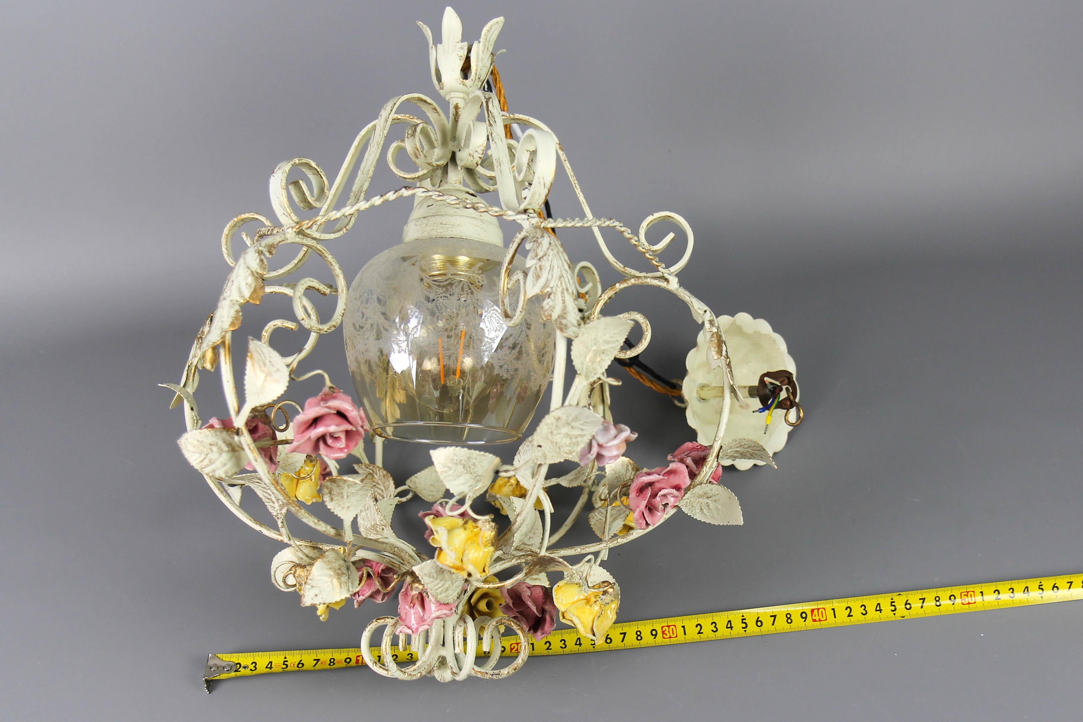 Hollywood Regency Style Metal and Glass Chandelier with Porcelain Roses, 1970s For Sale 11