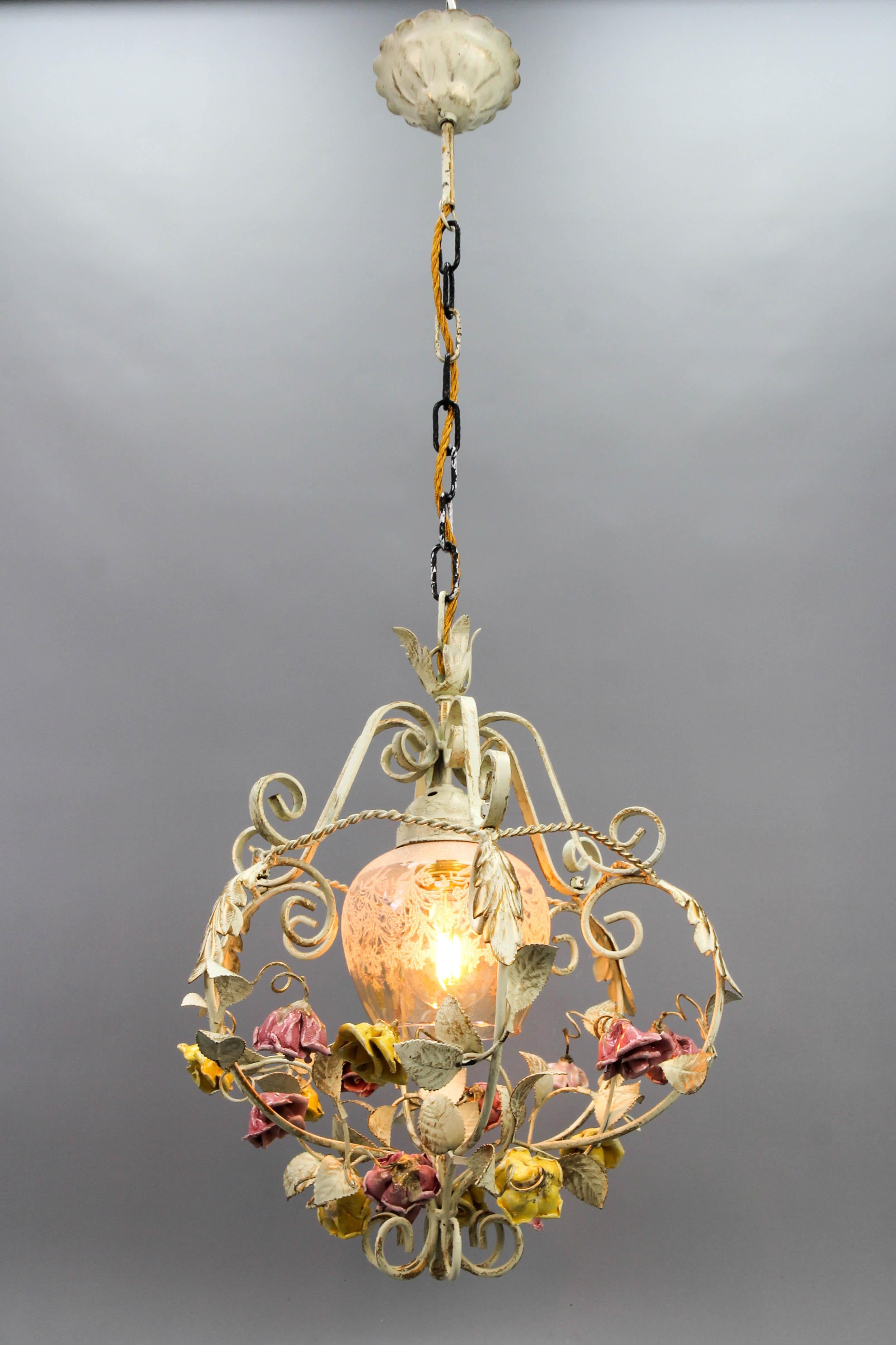 German Hollywood Regency Style Metal and Glass Chandelier with Porcelain Roses, 1970s For Sale
