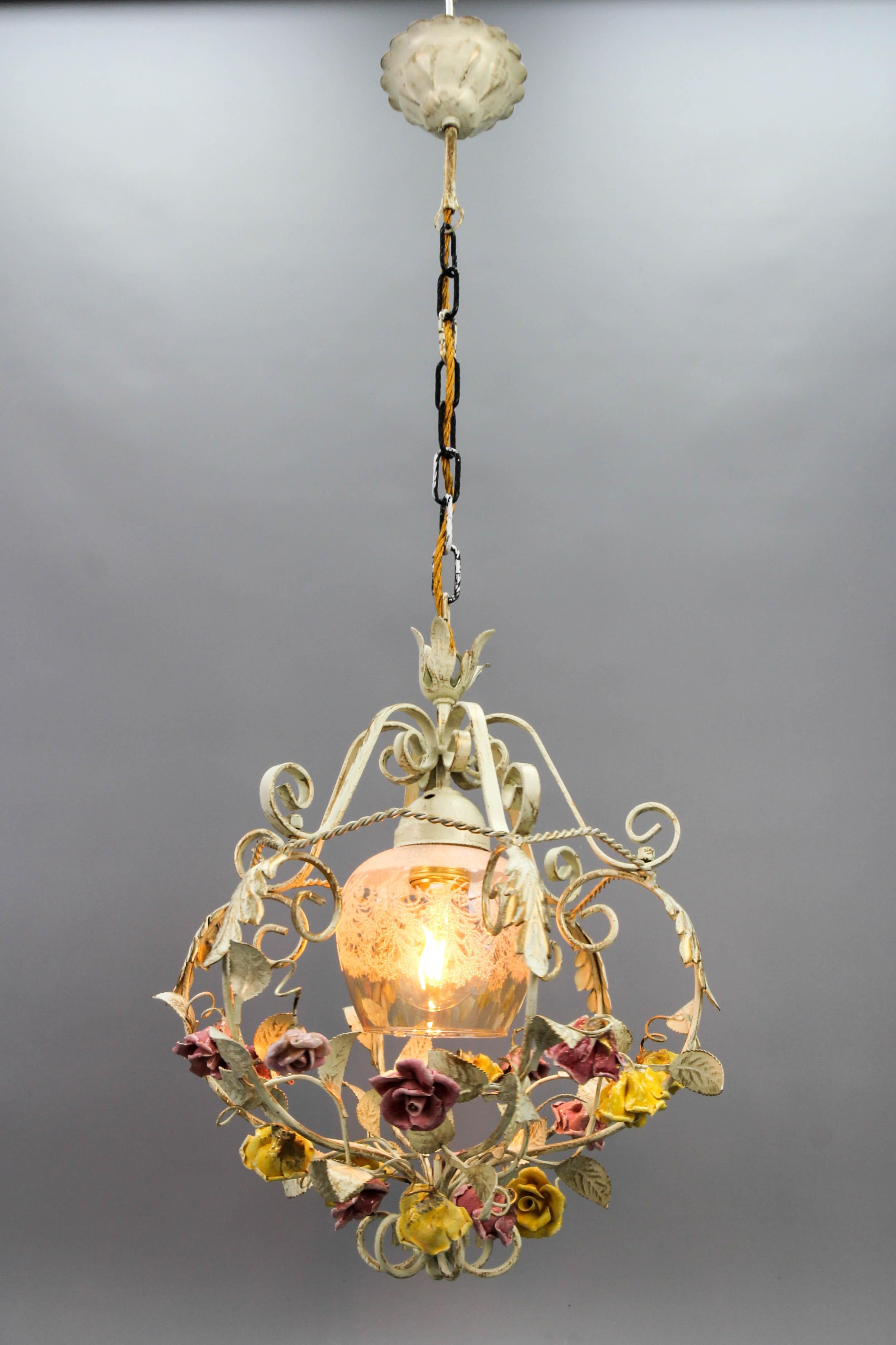 Painted Hollywood Regency Style Metal and Glass Chandelier with Porcelain Roses, 1970s For Sale