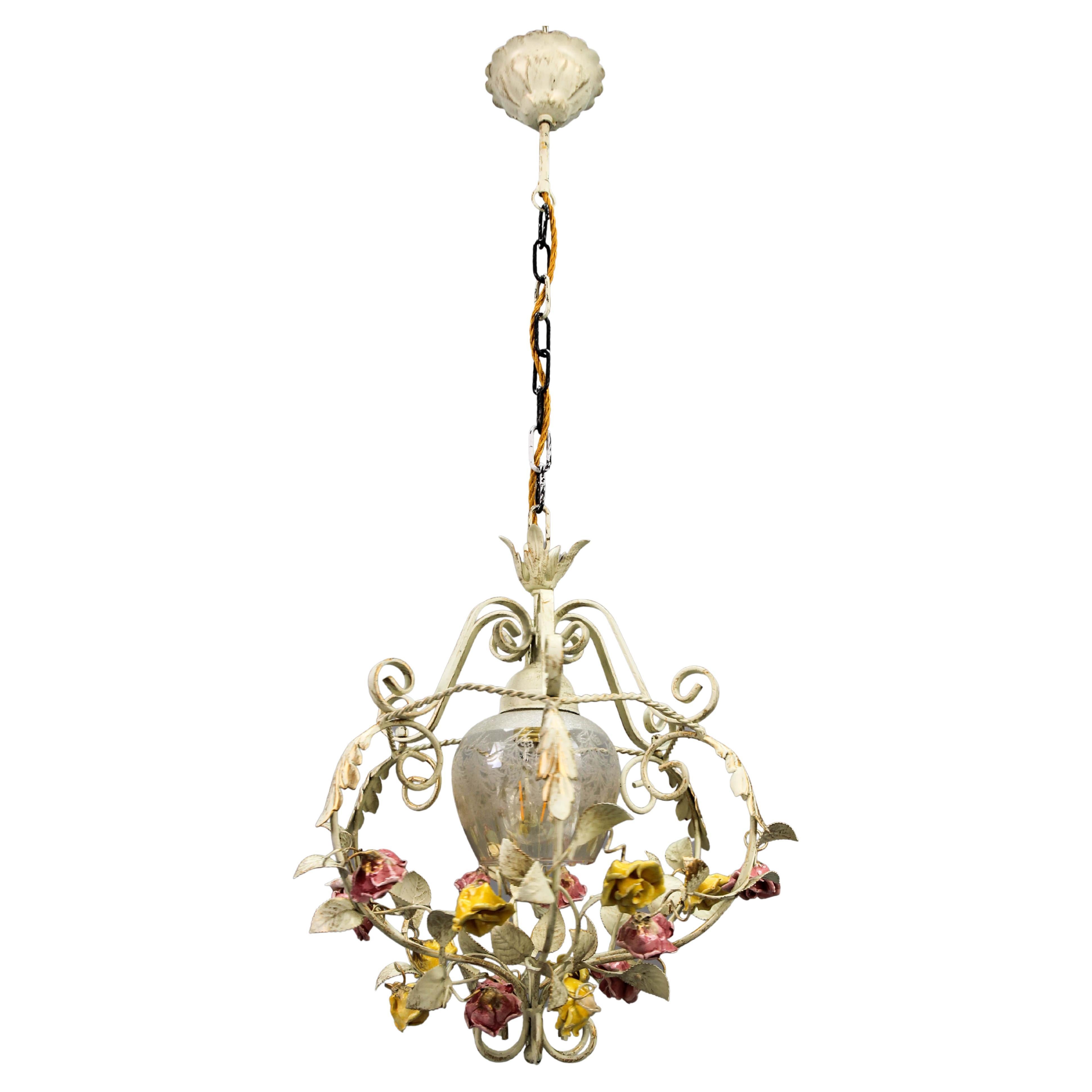 Hollywood Regency Style Metal and Glass Chandelier with Porcelain Roses, 1970s For Sale