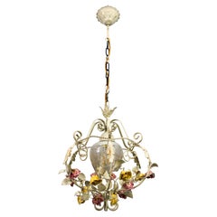 Retro Hollywood Regency Style Metal and Glass Chandelier with Porcelain Roses, 1970s